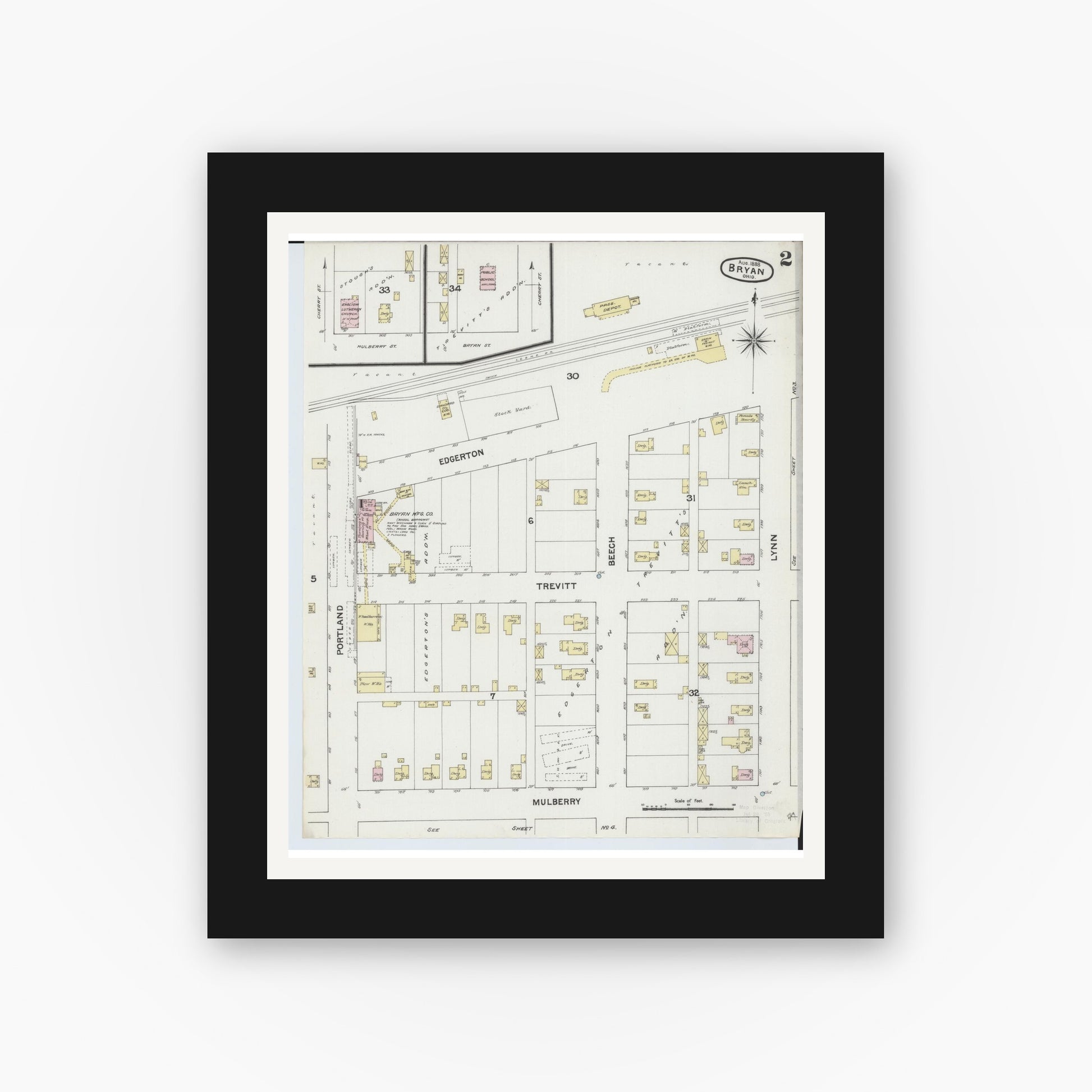 Old map wall art mockup — black gallery frame with white mat — Sanborn Fire Insurance Map from Bryan, Williams County, Ohio (1888), Sheet #0002