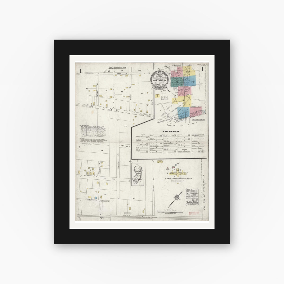 Old map wall art mockup — black gallery frame with white mat — Sanborn Fire Insurance Map from Northfield, Atlantic County, New Jersey (1924), Sheet #0001