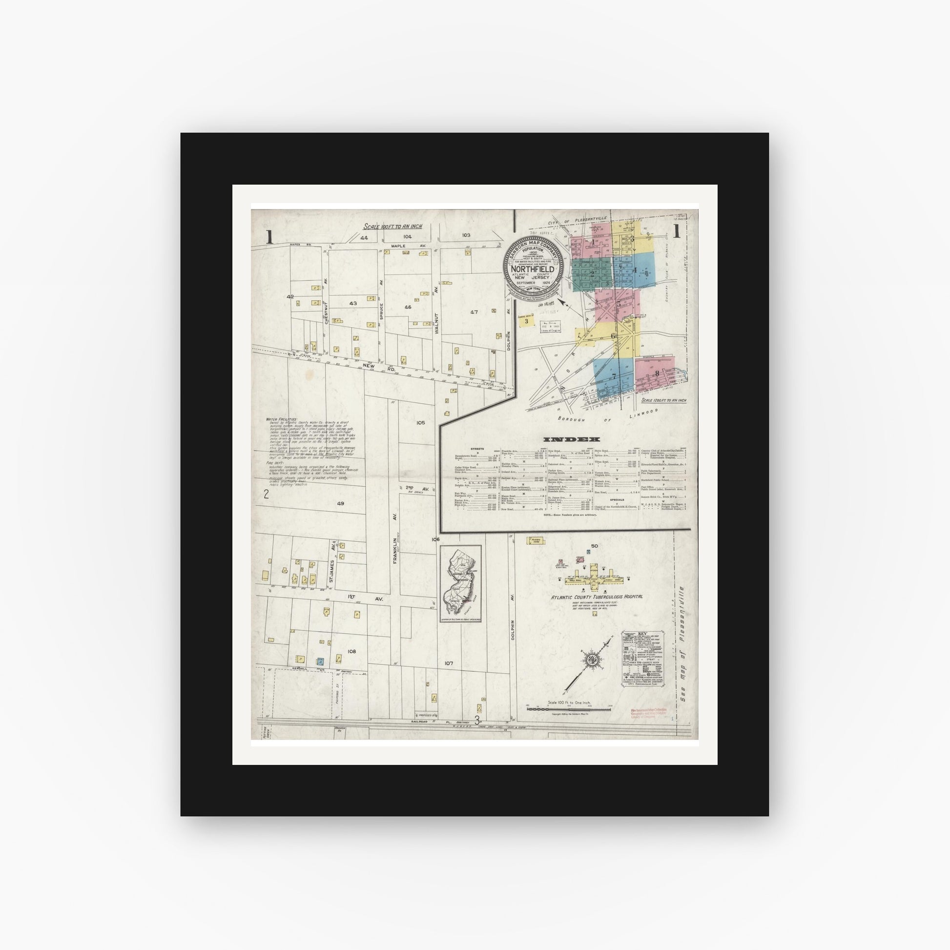 Old map wall art mockup — black gallery frame with white mat — Sanborn Fire Insurance Map from Northfield, Atlantic County, New Jersey (1924), Sheet #0001