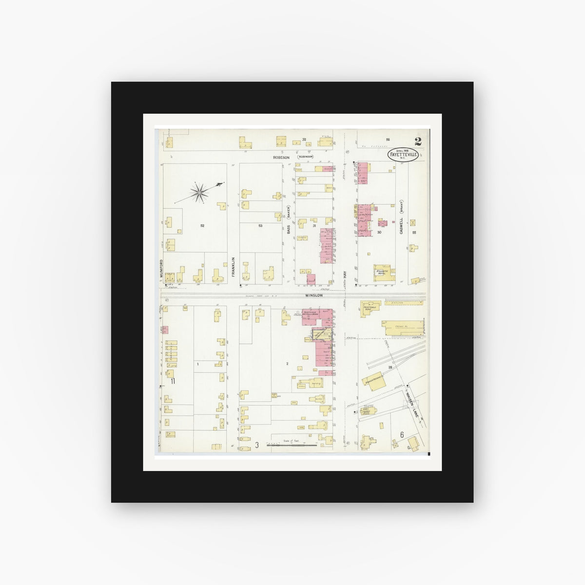 Old map wall art mockup — black gallery frame with white mat — Sanborn Fire Insurance Map from Fayetteville, Cumberland County, North Carolina (1908), Sheet #0002
