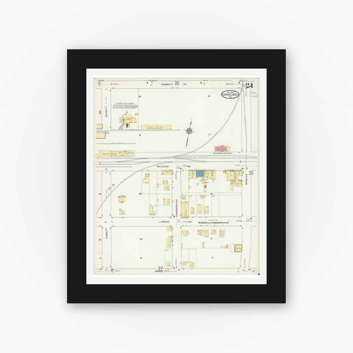 Old map wall art mockup — black gallery frame with white mat — Sanborn Fire Insurance Map from Corpus Christi, Nueces County, Texas (1914), Sheet #0024