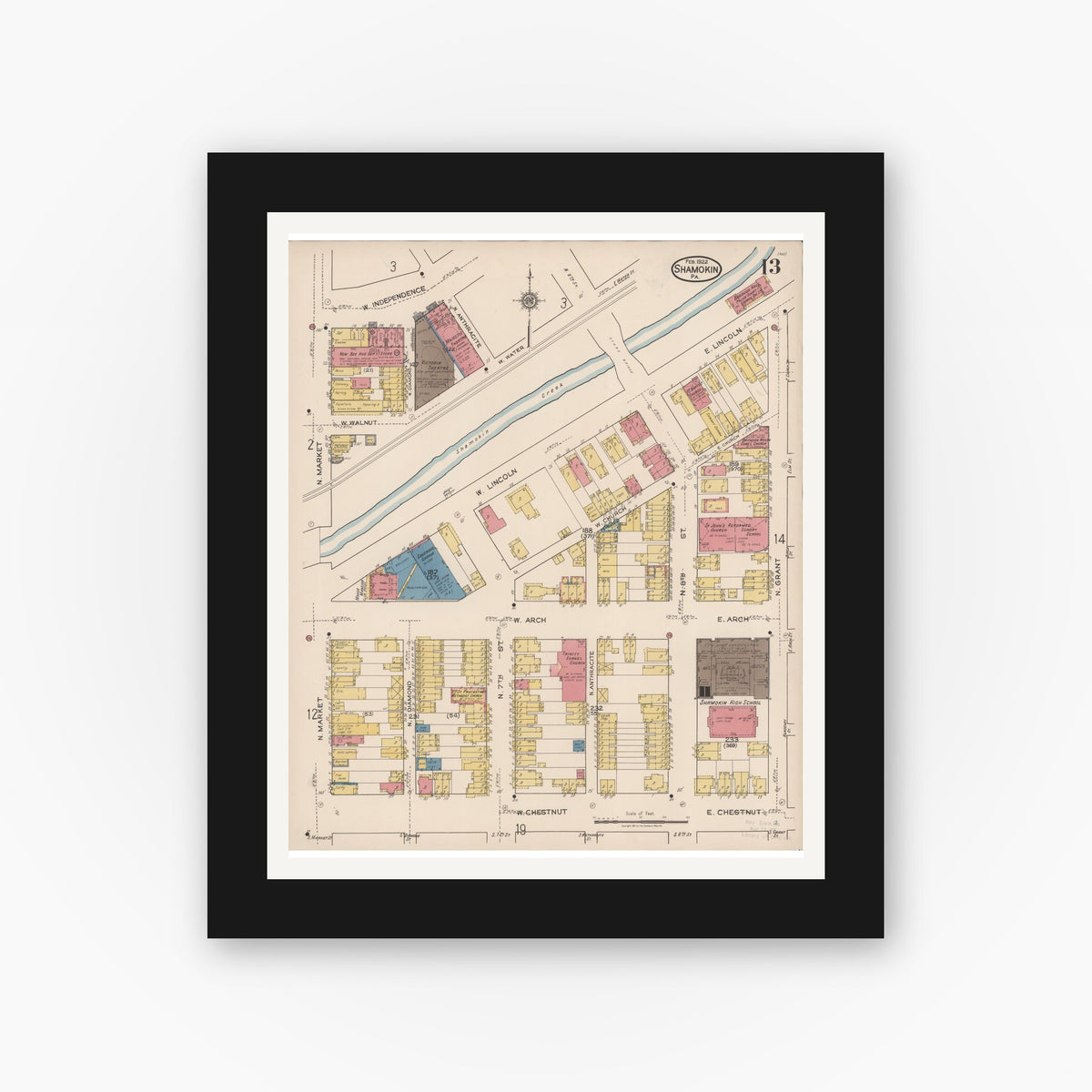 Old map wall art mockup — black gallery frame with white mat — Sanborn Fire Insurance Map from Shamokin, Northumberland County, Pennsylvania (1922), Sheet #0013