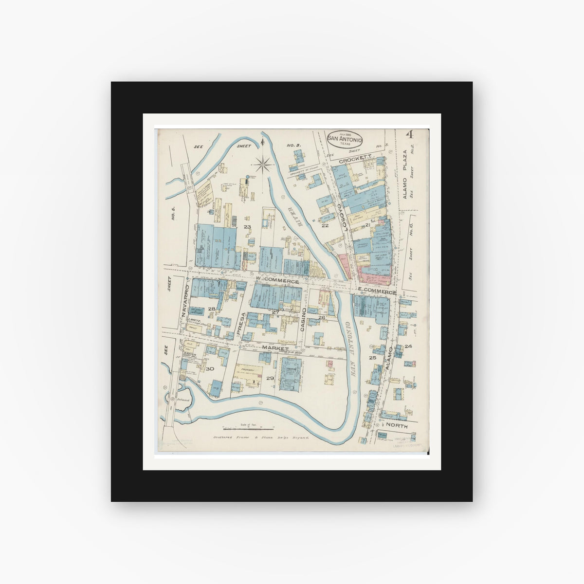 Old map wall art mockup — black gallery frame with white mat — Sanborn Fire Insurance Map from San Antonio, Bexar County, Texas (1885), Sheet #0004