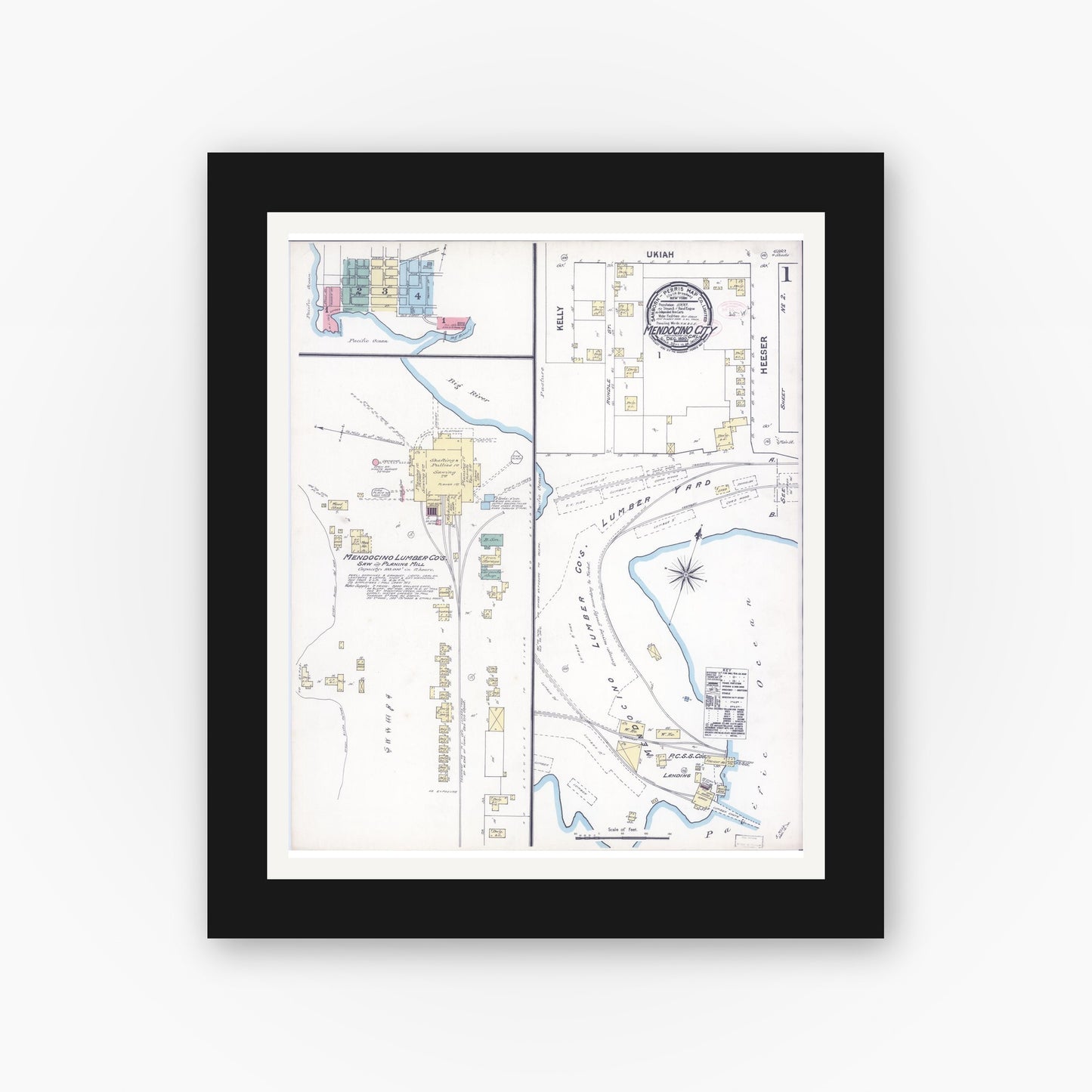 Old map wall art mockup — black gallery frame with white mat — Sanborn Fire Insurance Map from Mendocino, Mendocino County, California (1890), Sheet #0001
