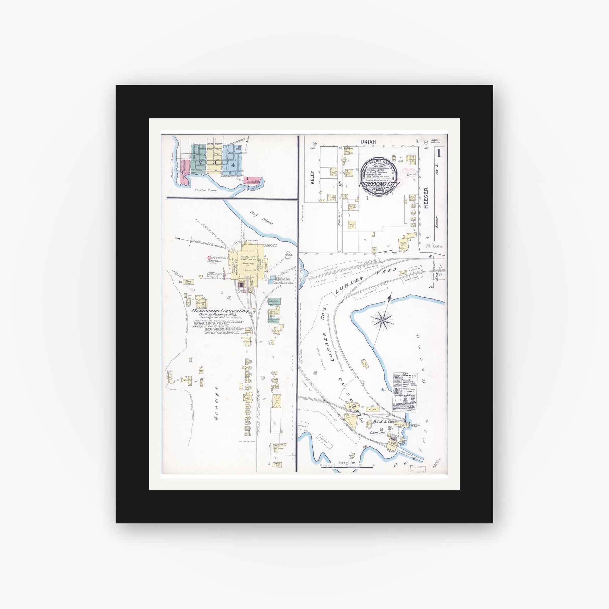 Old map wall art mockup — black gallery frame with white mat — Sanborn Fire Insurance Map from Mendocino, Mendocino County, California (1890), Sheet #0001