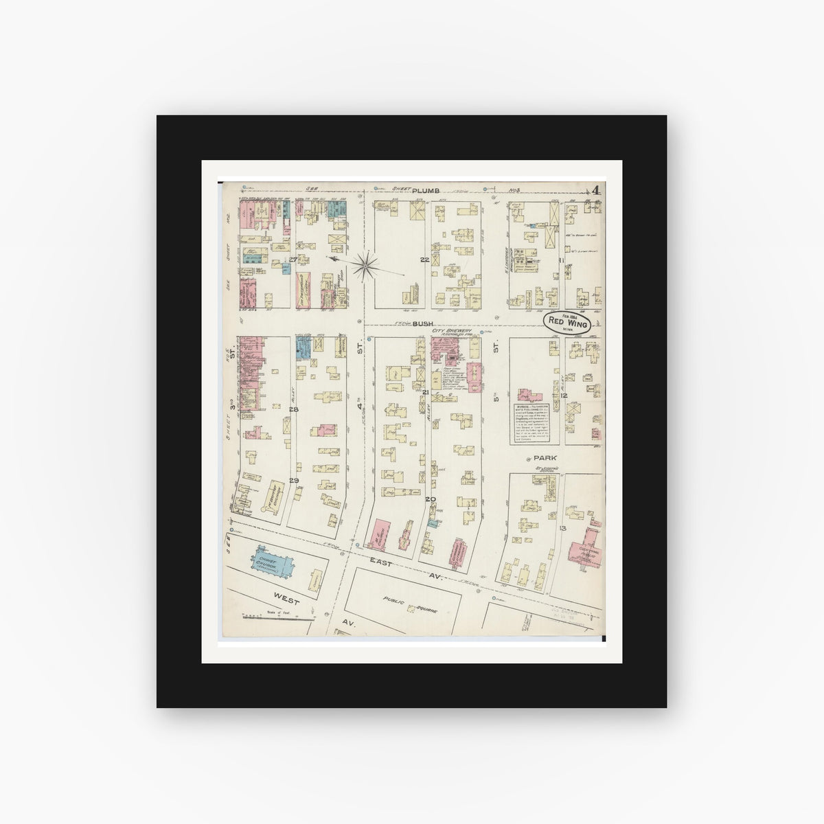 Old map wall art mockup — black gallery frame with white mat — Sanborn Fire Insurance Map from Red Wing, Goodhue County, Minnesota (1884), Sheet #0004