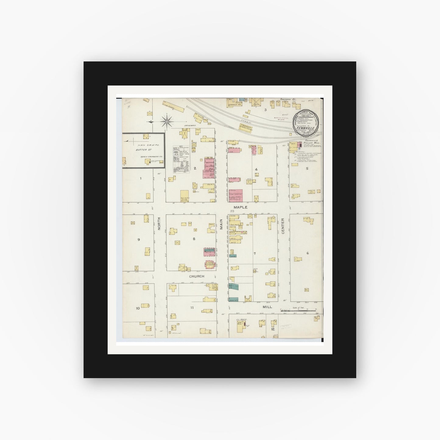 Old map wall art mockup — black gallery frame with white mat — Sanborn Fire Insurance Map from Fennville, Allegan County, Michigan (1893), Sheet #0001