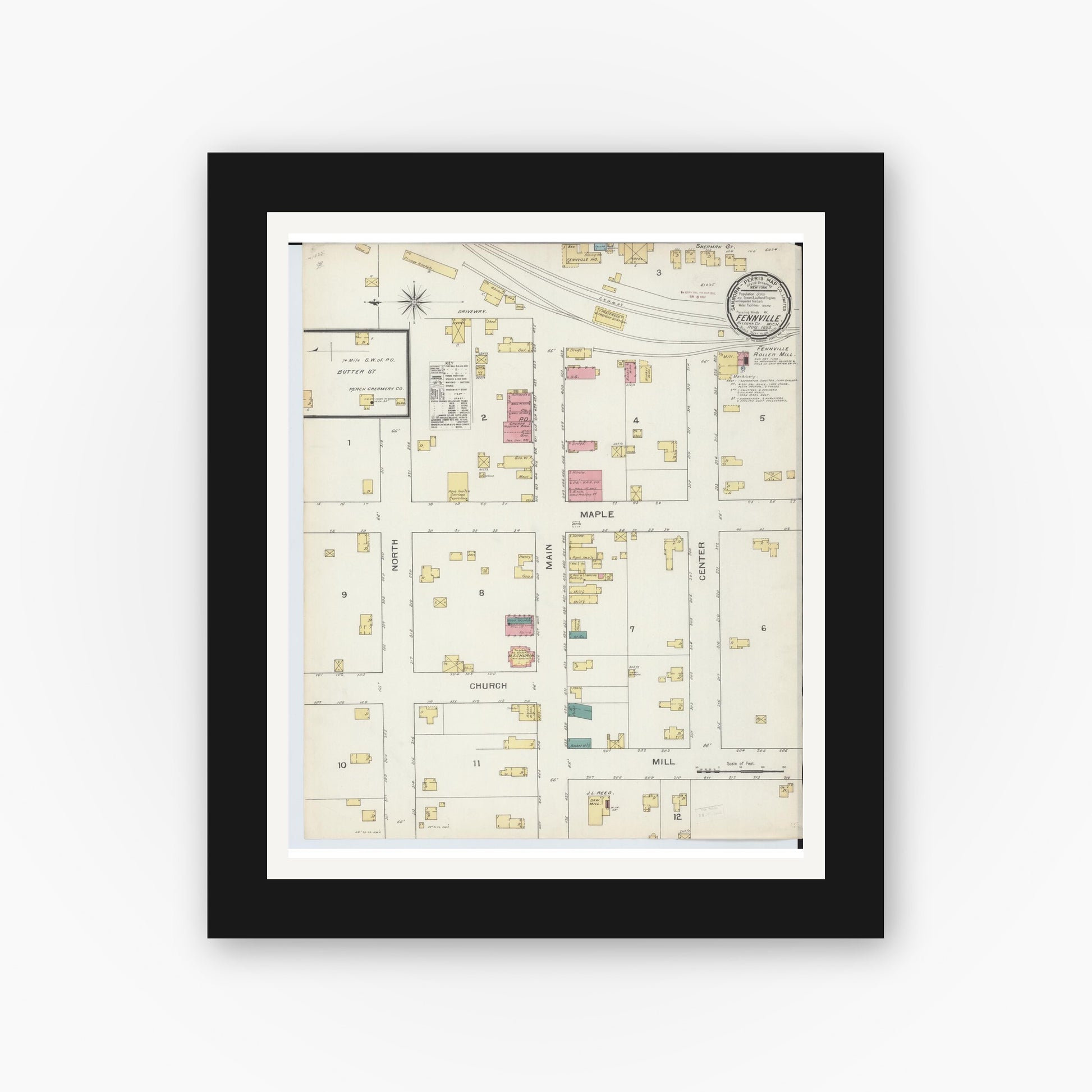 Old map wall art mockup — black gallery frame with white mat — Sanborn Fire Insurance Map from Fennville, Allegan County, Michigan (1893), Sheet #0001