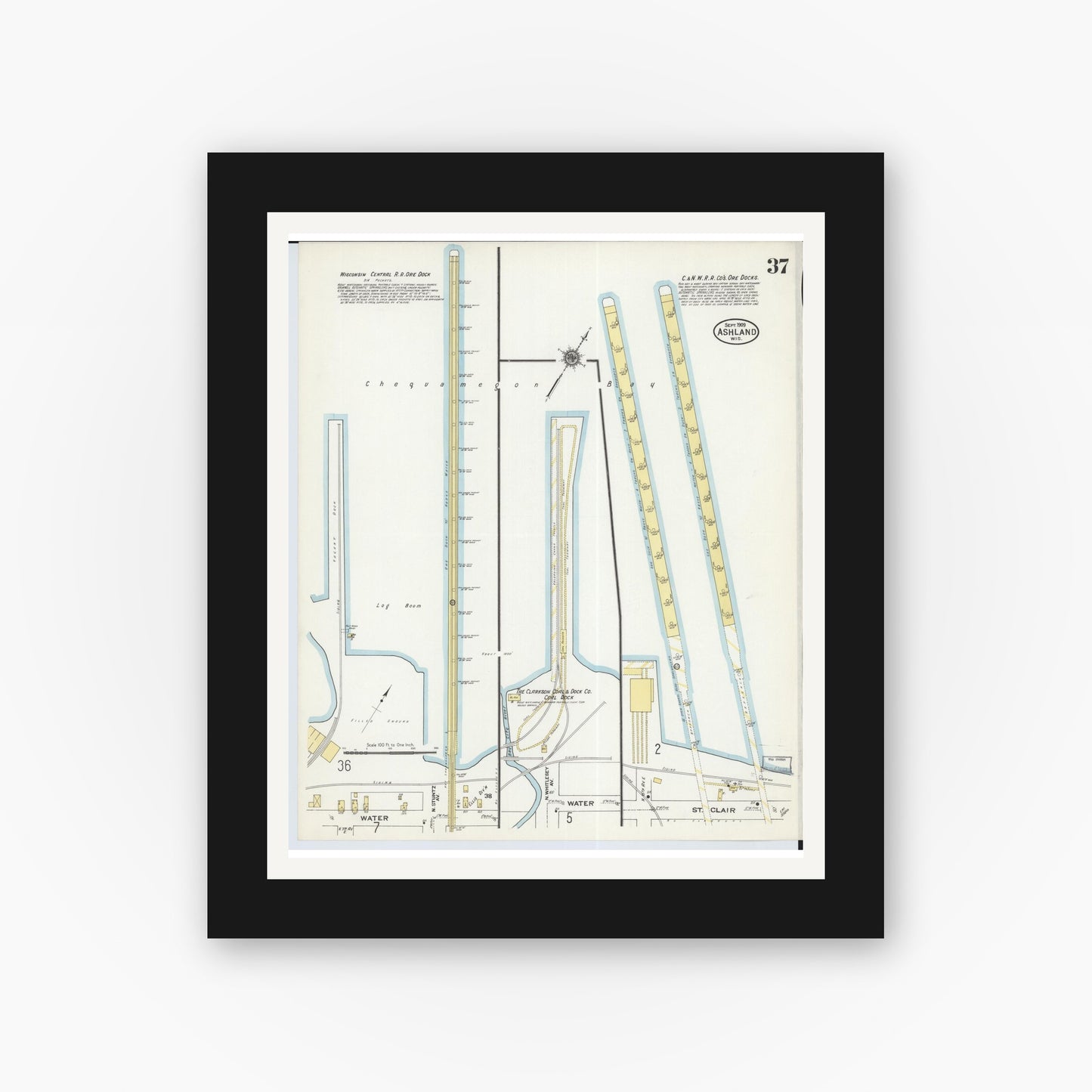 Old map wall art mockup — black gallery frame with white mat — Sanborn Fire Insurance Map from Ashland, Ashland County, Wisconsin (1909), Sheet #0037