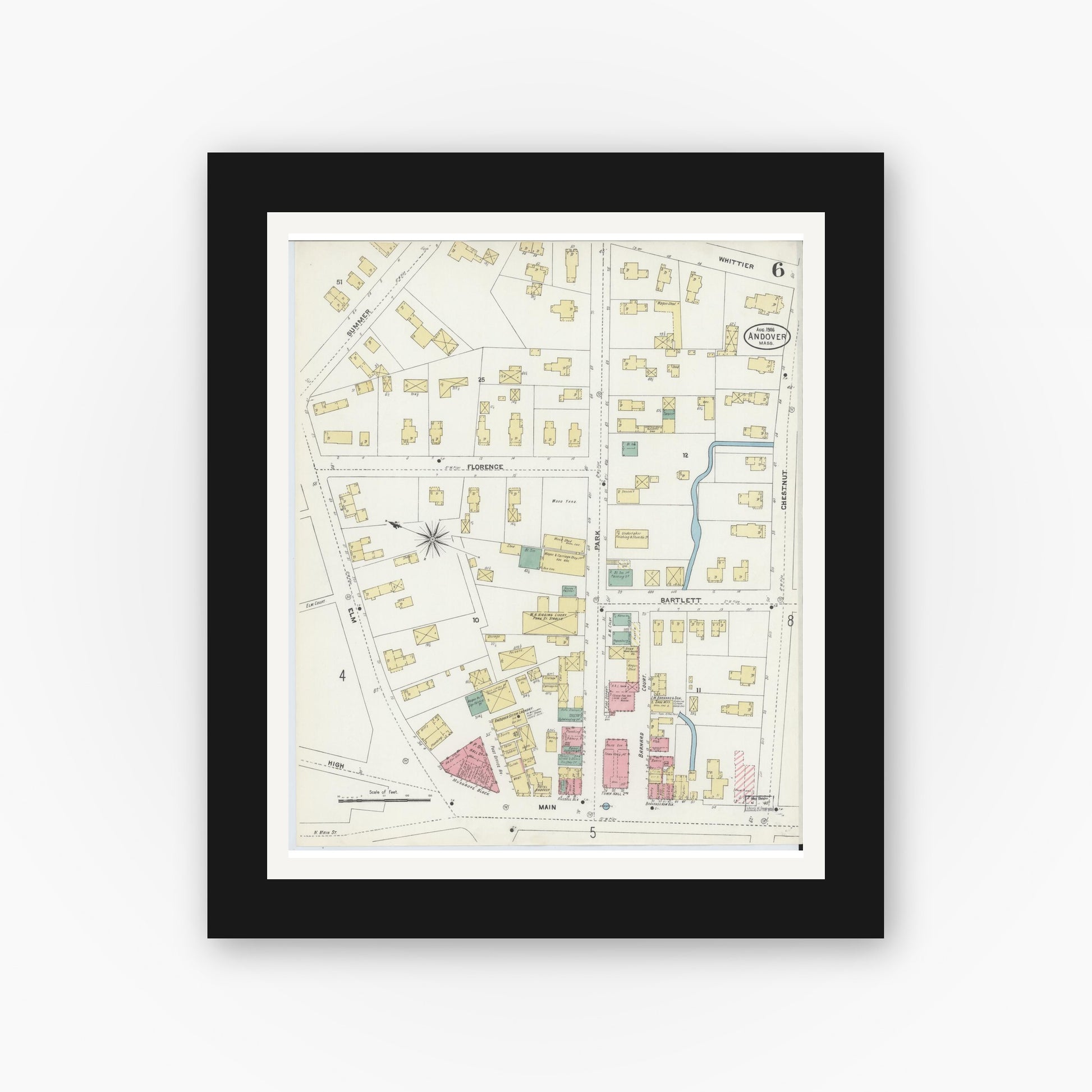 Old map wall art mockup — black gallery frame with white mat — Sanborn Fire Insurance Map from Andover, Essex County, Massachusetts (1906), Sheet #0006