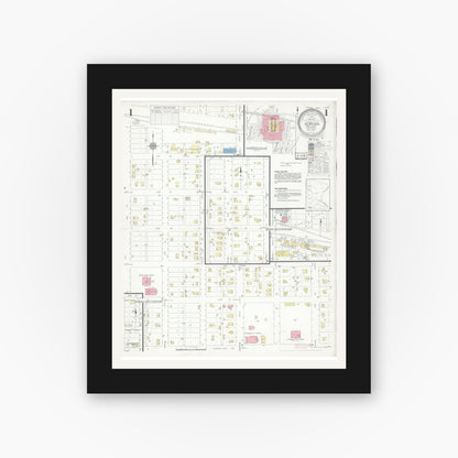 Old map wall art mockup — black gallery frame with white mat — Sanborn Fire Insurance Map from Adrian, Nobles County, Minnesota (1937), Sheet #0001