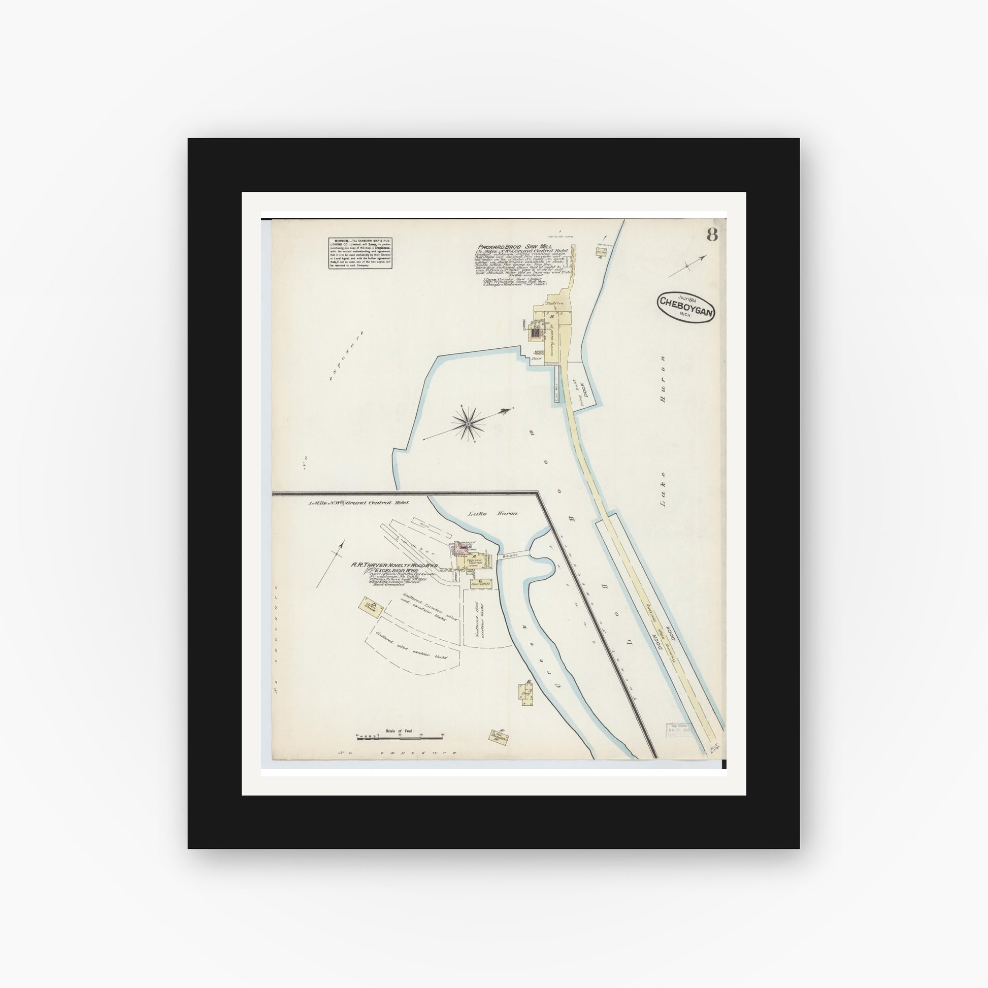 Old map wall art mockup — black gallery frame with white mat — Sanborn Fire Insurance Map from Cheboygan, Cheboygan County, Michigan (1884), Sheet #0008