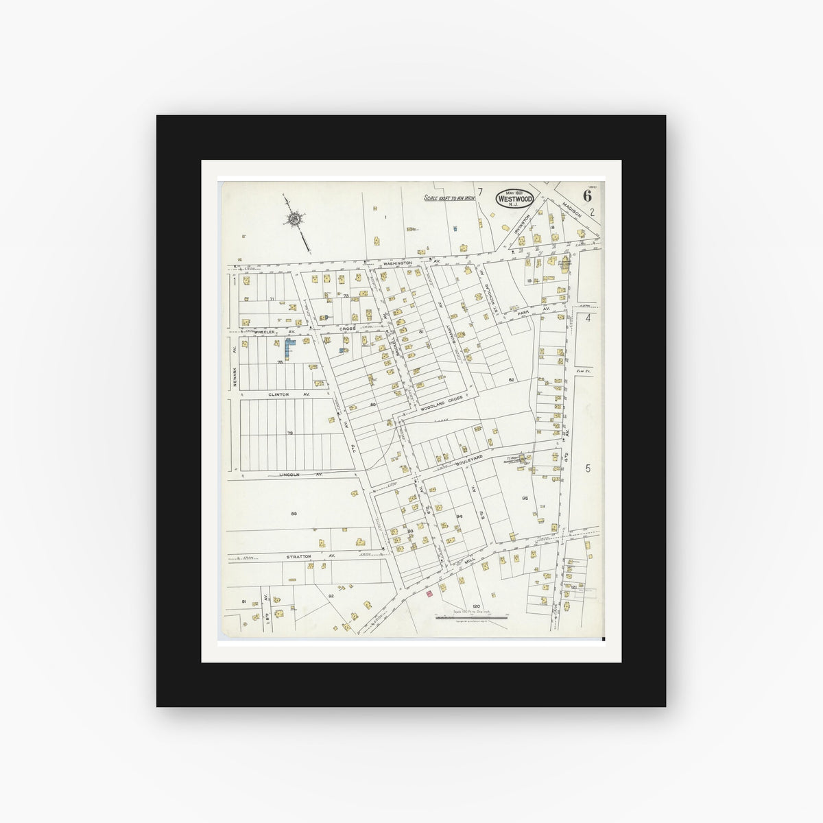Old map wall art mockup — black gallery frame with white mat — Sanborn Fire Insurance Map from Westwood, Bergen County, New Jersey (1921), Sheet #0006