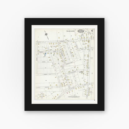 Old map wall art mockup — black gallery frame with white mat — Sanborn Fire Insurance Map from Westwood, Bergen County, New Jersey (1921), Sheet #0006