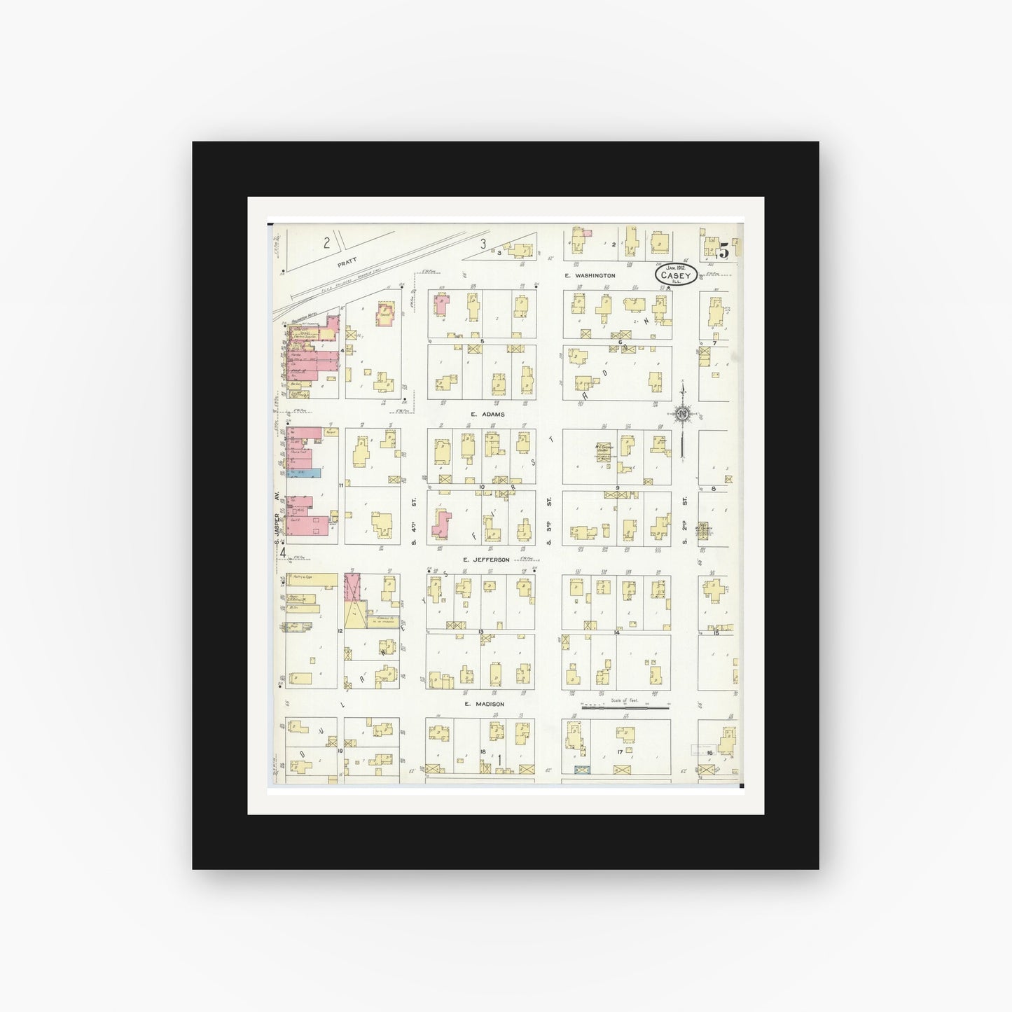Old map wall art mockup — black gallery frame with white mat — Sanborn Fire Insurance Map from Casey, Clark County, Illinois (1912), Sheet #0005