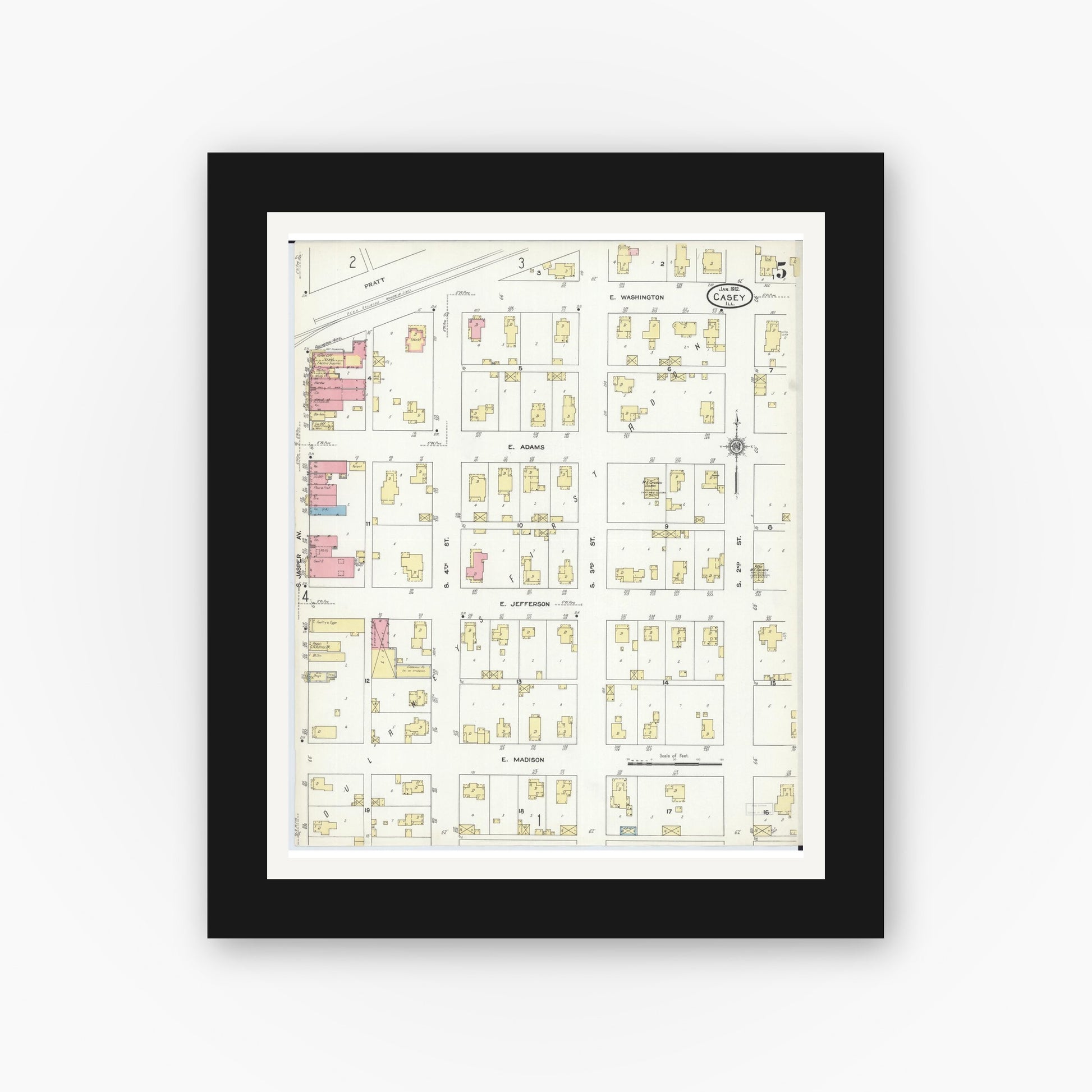 Old map wall art mockup — black gallery frame with white mat — Sanborn Fire Insurance Map from Casey, Clark County, Illinois (1912), Sheet #0005