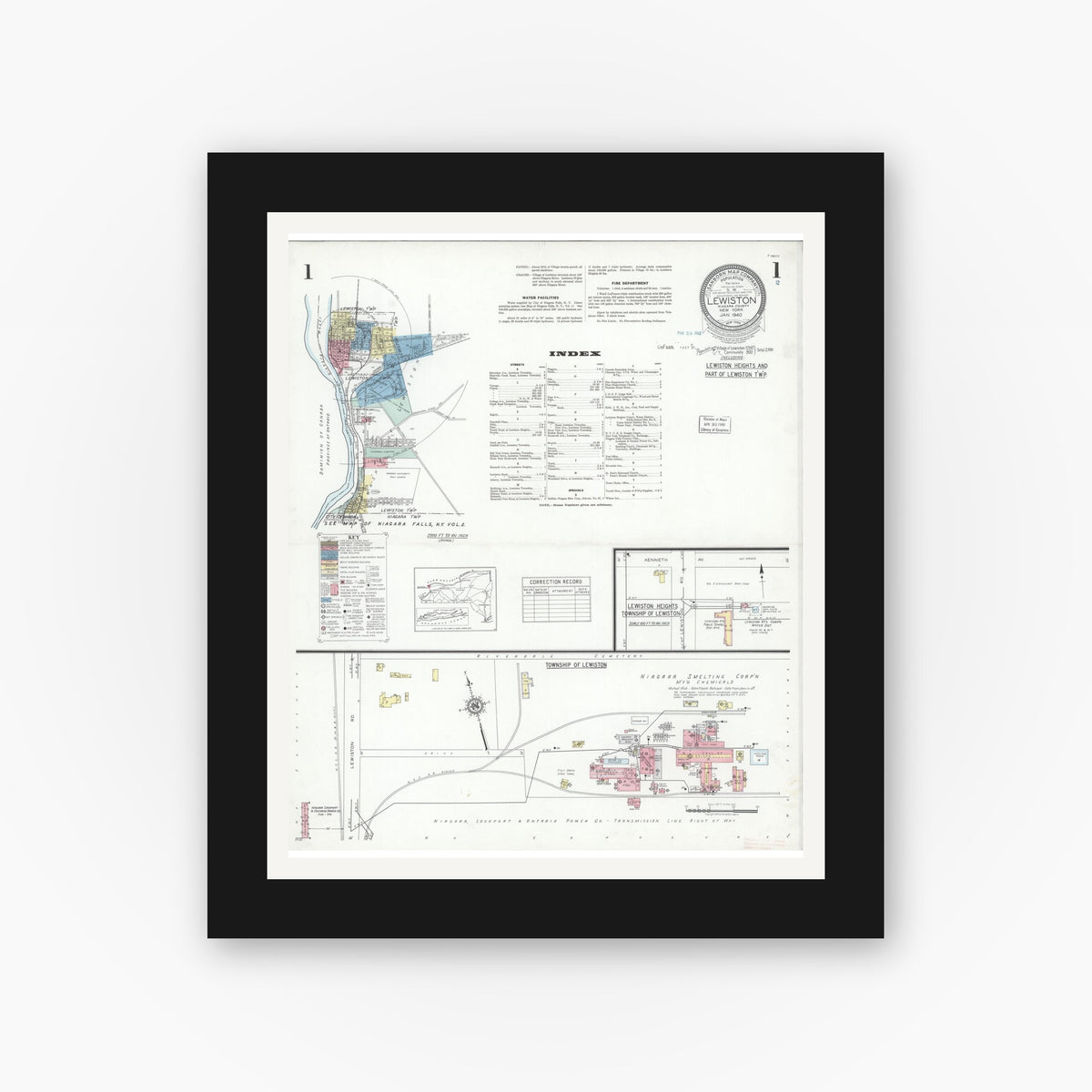 Old map wall art mockup — black gallery frame with white mat — Sanborn Fire Insurance Map from Lewiston, Niagara County, New York (1940) - Complete Map Set