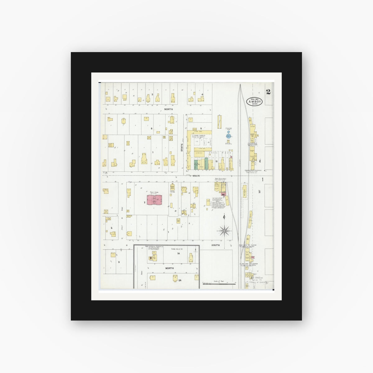 Old map wall art mockup — black gallery frame with white mat — Sanborn Fire Insurance Map from Amboy, Blue Earth County, Minnesota (1905), Sheet #0002
