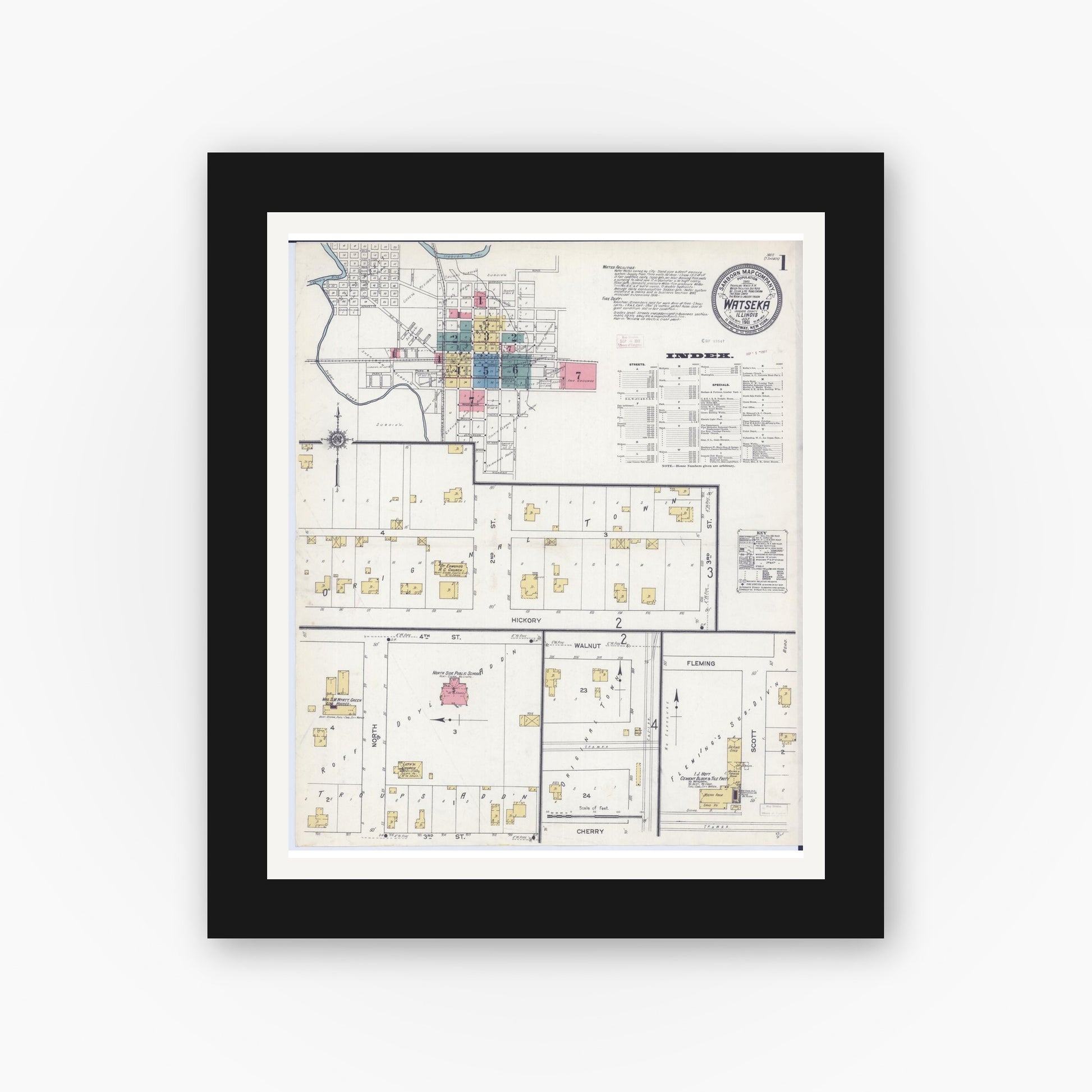 Old map wall art mockup — black gallery frame with white mat — Sanborn Fire Insurance Map from Watseka, Iroquois County, Illinois (1911), Sheet #0001