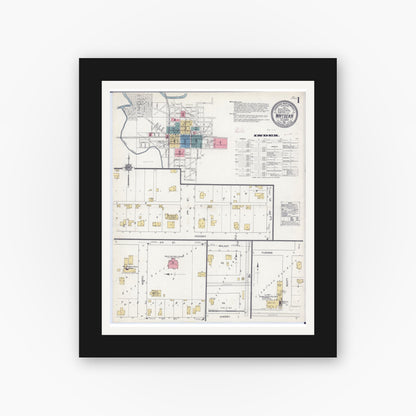 Old map wall art mockup — black gallery frame with white mat — Sanborn Fire Insurance Map from Watseka, Iroquois County, Illinois (1911), Sheet #0001
