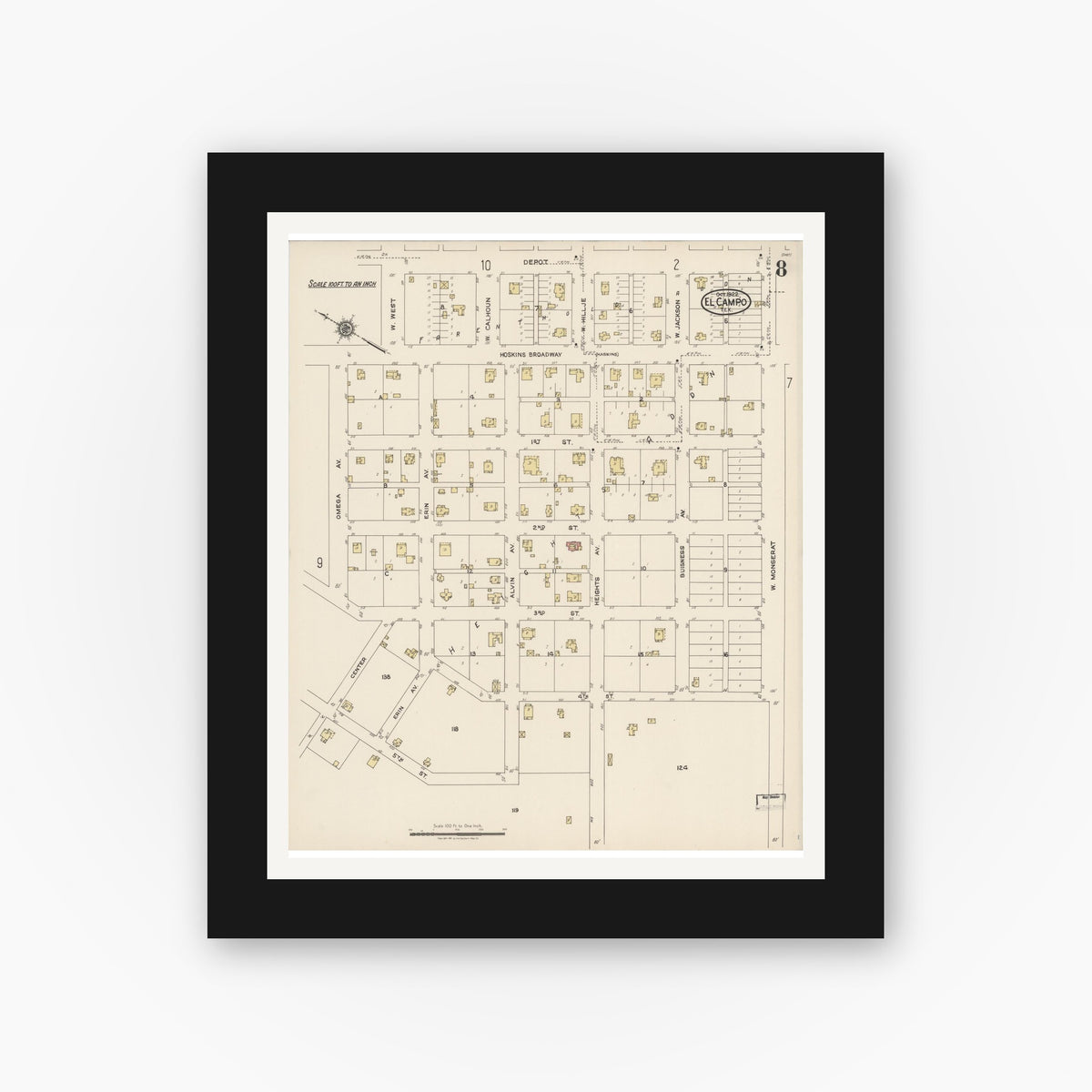 Old map wall art mockup — black gallery frame with white mat — Sanborn Fire Insurance Map from El Campo, Wharton County, Texas (1922), Sheet #0008