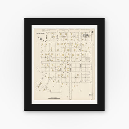 Old map wall art mockup — black gallery frame with white mat — Sanborn Fire Insurance Map from El Campo, Wharton County, Texas (1922), Sheet #0008
