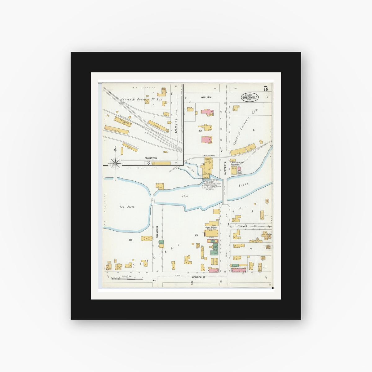 Old map wall art mockup — black gallery frame with white mat — Sanborn Fire Insurance Map from Greenville, Montcalm County, Michigan (1900), Sheet #0005