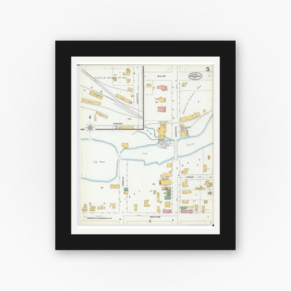 Old map wall art mockup — black gallery frame with white mat — Sanborn Fire Insurance Map from Greenville, Montcalm County, Michigan (1900), Sheet #0005