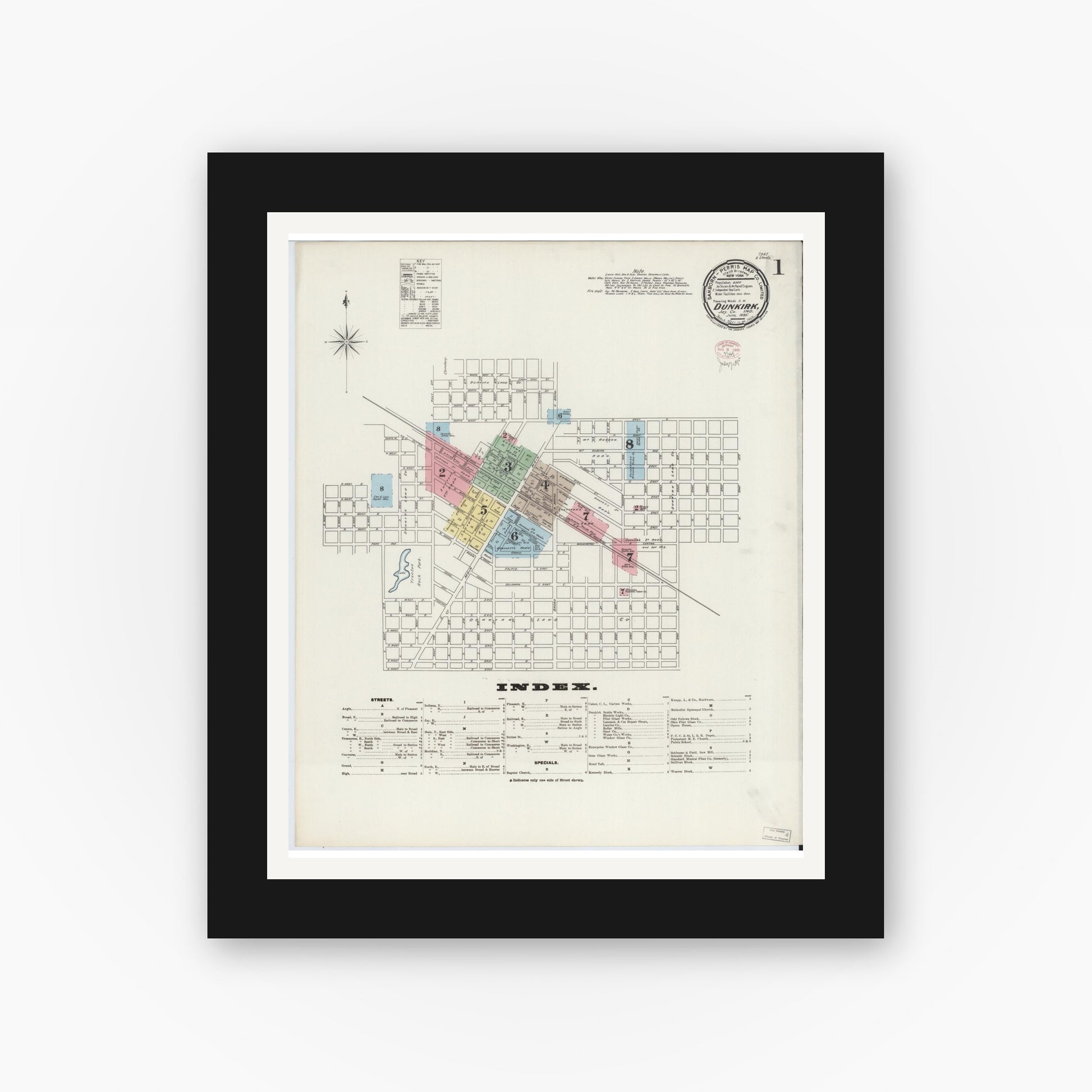 Old map wall art mockup — black gallery frame with white mat — Sanborn Fire Insurance Map from Dunkirk, Jay And Blackford Counties, Indiana (1895) - Complete Map Set