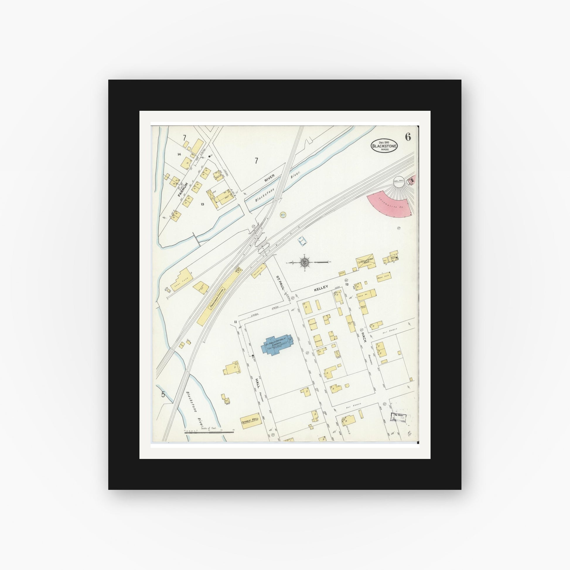 Old map wall art mockup — black gallery frame with white mat — Sanborn Fire Insurance Map from Blackstone, Worcester County, Massachusetts (1910), Sheet #0006