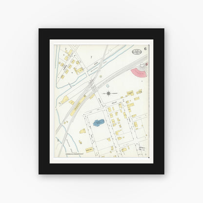 Old map wall art mockup — black gallery frame with white mat — Sanborn Fire Insurance Map from Blackstone, Worcester County, Massachusetts (1910), Sheet #0006