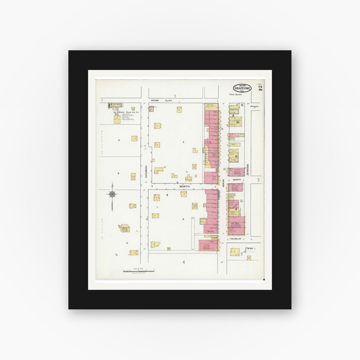 Old map wall art mockup — black gallery frame with white mat — Sanborn Fire Insurance Map from Grapevine, Tarrant County, Texas (1921), Sheet #0002