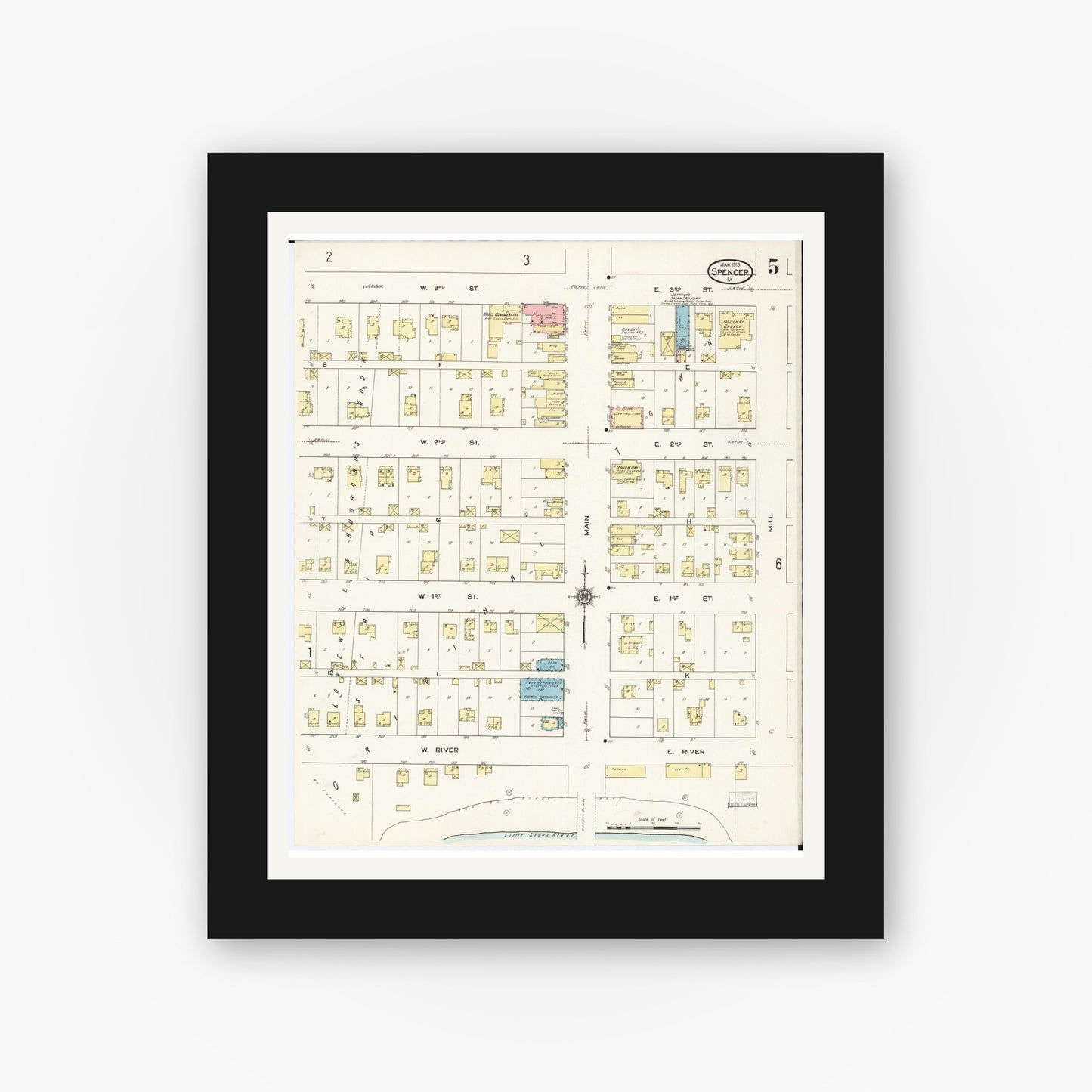 Old map wall art mockup — black gallery frame with white mat — Sanborn Fire Insurance Map from Spencer, Clay County, Iowa (1915), Sheet #0005