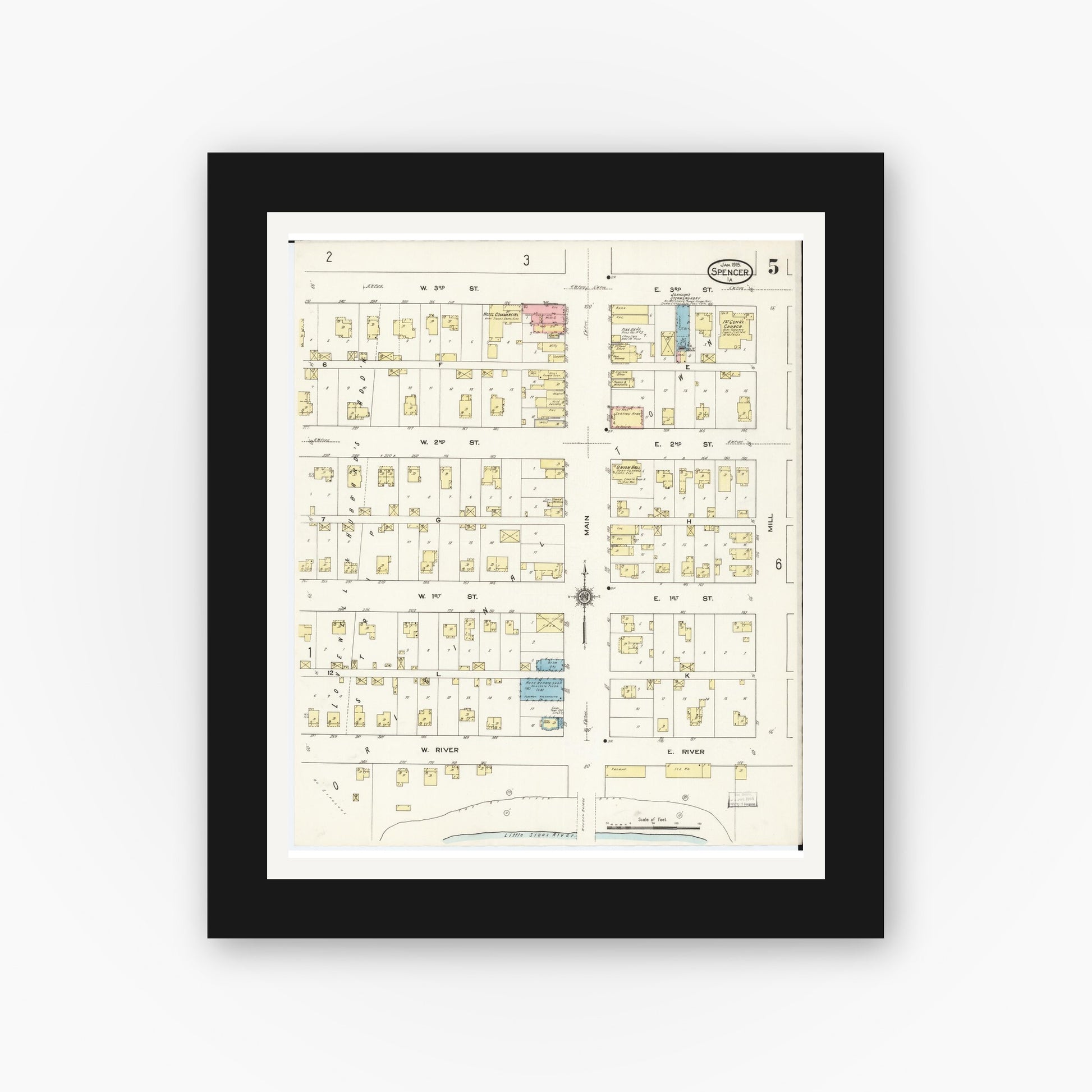 Old map wall art mockup — black gallery frame with white mat — Sanborn Fire Insurance Map from Spencer, Clay County, Iowa (1915), Sheet #0005