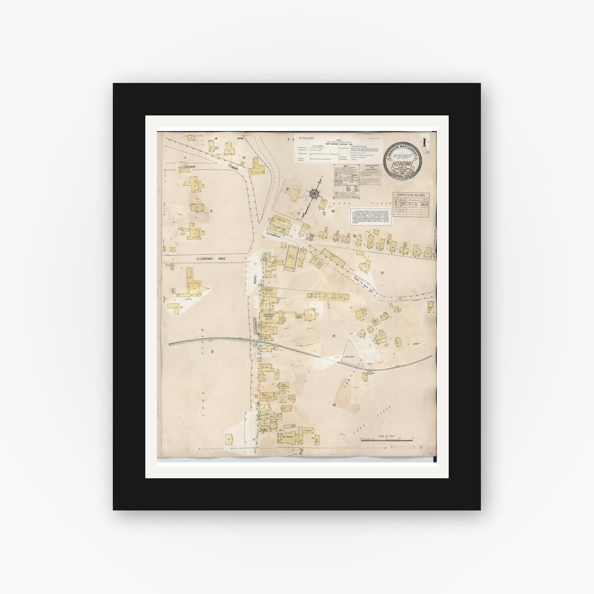 Old map wall art mockup — black gallery frame with white mat — Sanborn Fire Insurance Map from Honomu, Hawaii County, Hawaii (1956), Sheet #0001