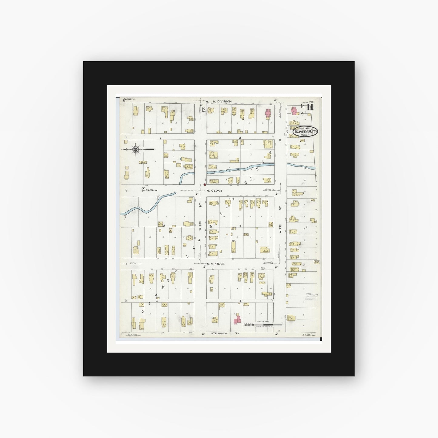 Old map wall art mockup — black gallery frame with white mat — Sanborn Fire Insurance Map from Traverse City, Grand Traverse County, Michigan (1920), Sheet #0011