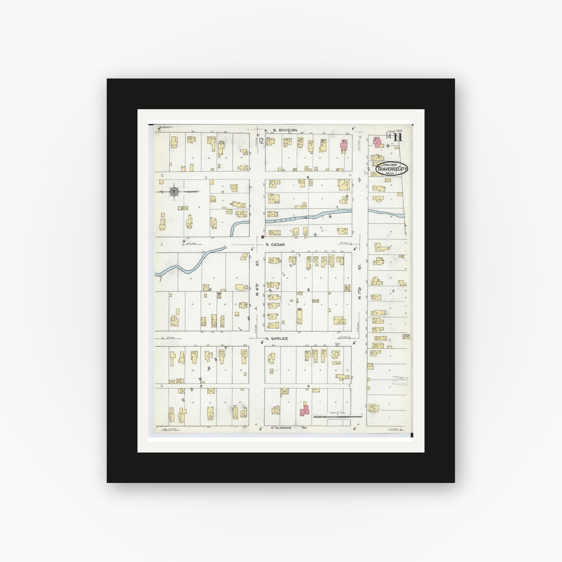 Old map wall art mockup — black gallery frame with white mat — Sanborn Fire Insurance Map from Traverse City, Grand Traverse County, Michigan (1920), Sheet #0011