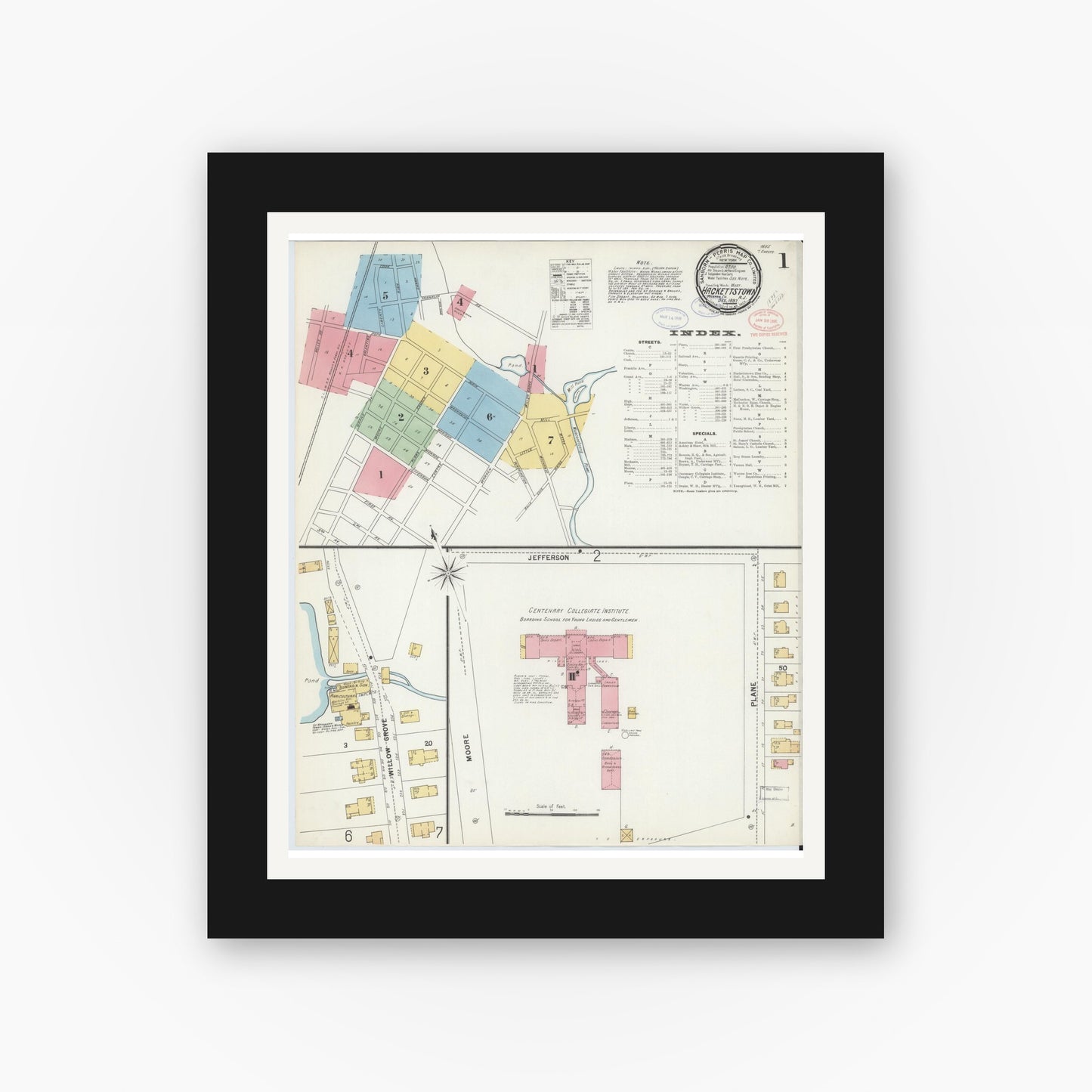 Old map wall art mockup — black gallery frame with white mat — Sanborn Fire Insurance Map from Hackettstown, Warren County, New Jersey (1897) - Complete Map Set