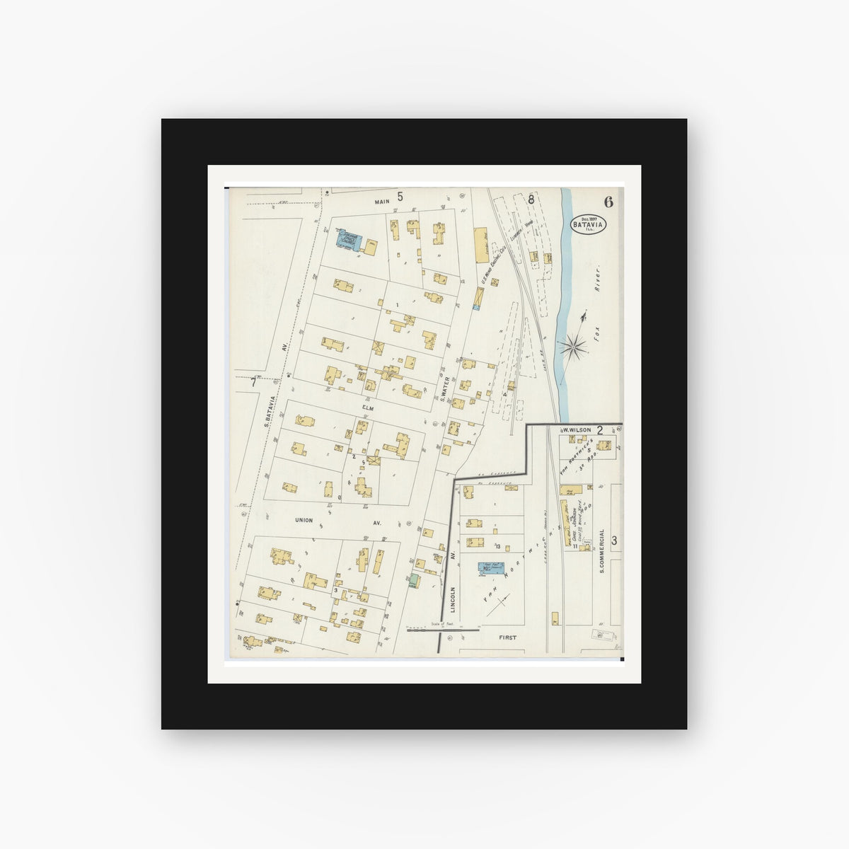 Old map wall art mockup — black gallery frame with white mat — Sanborn Fire Insurance Map from Batavia, Kane County, Illinois (1897), Sheet #0006