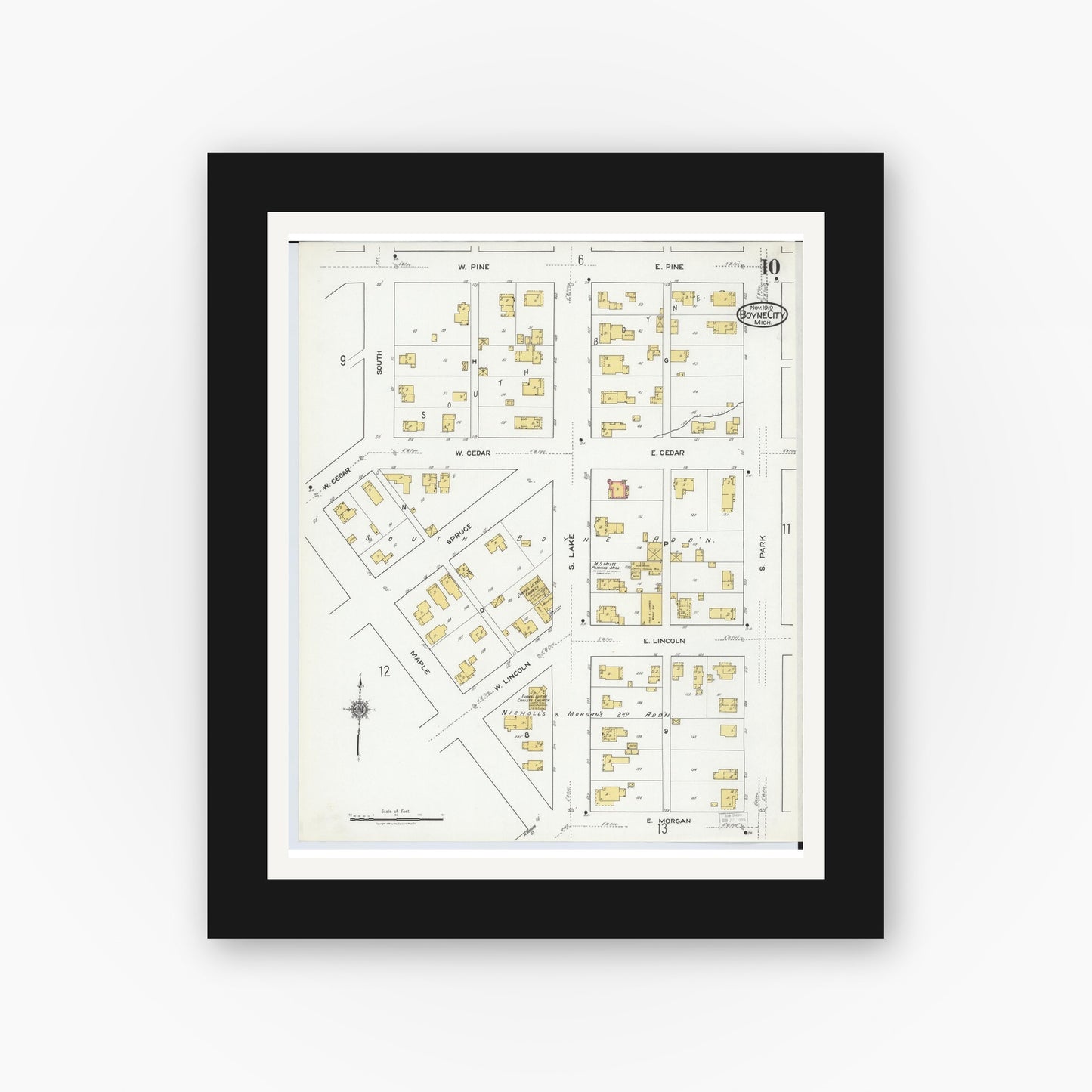 Old map wall art mockup — black gallery frame with white mat — Sanborn Fire Insurance Map from Boyne City, Charlevoix County, Michigan (1919), Sheet #0010