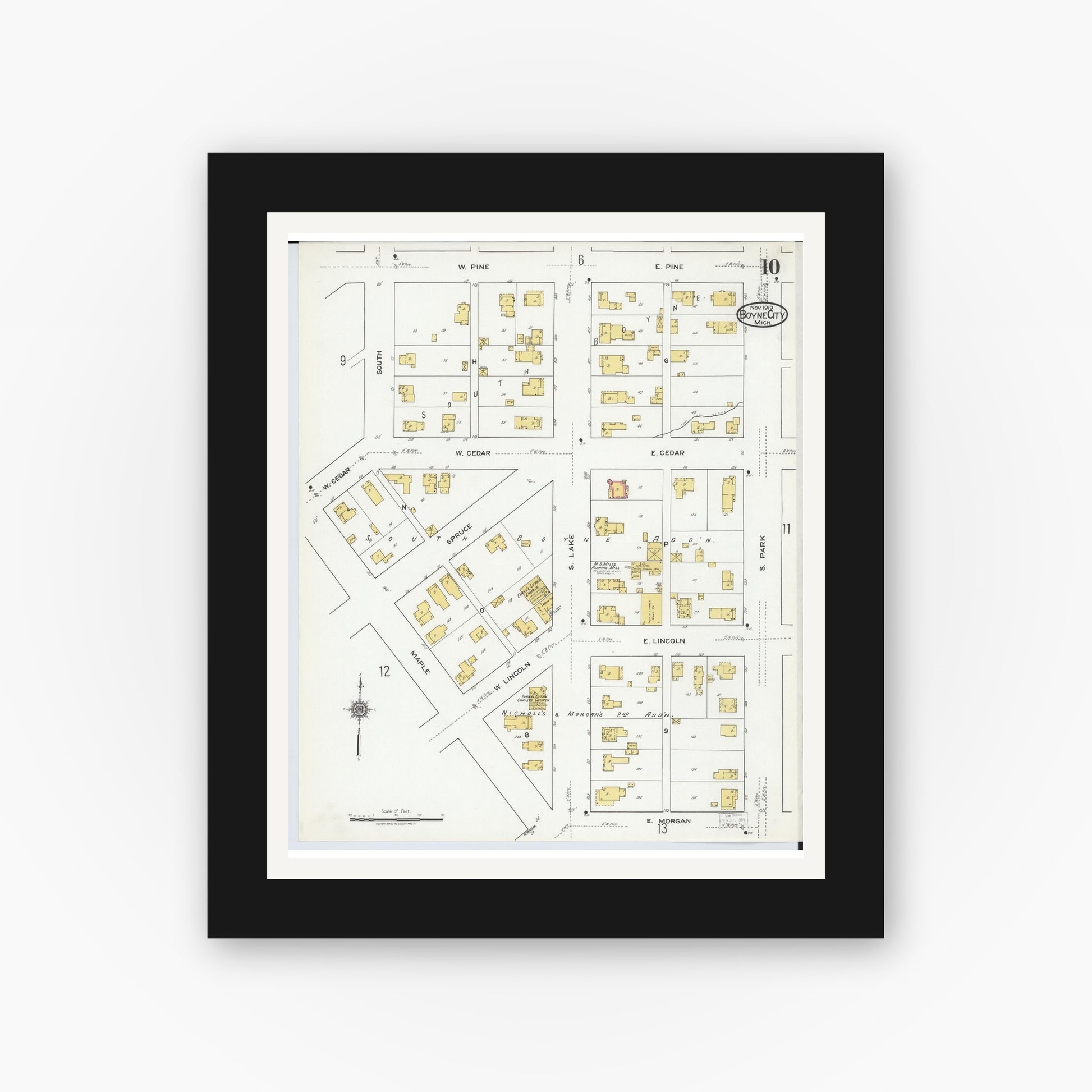 Old map wall art mockup — black gallery frame with white mat — Sanborn Fire Insurance Map from Boyne City, Charlevoix County, Michigan (1919), Sheet #0010