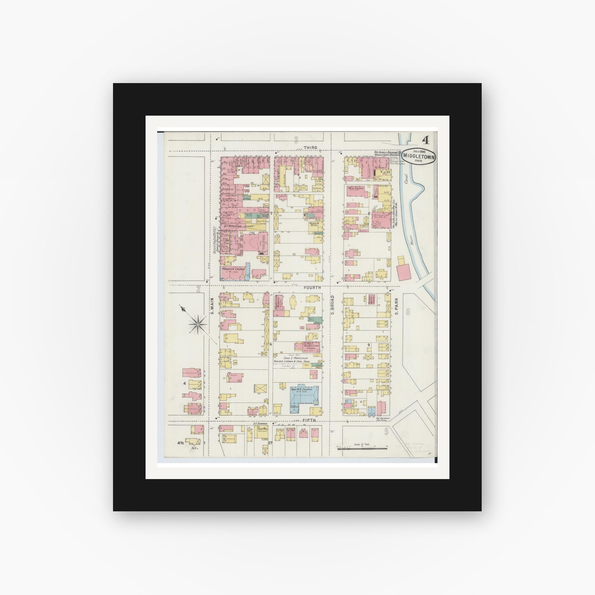 Old map wall art mockup — black gallery frame with white mat — Sanborn Fire Insurance Map from Middletown, Butler County, Ohio (1895), Sheet #0004
