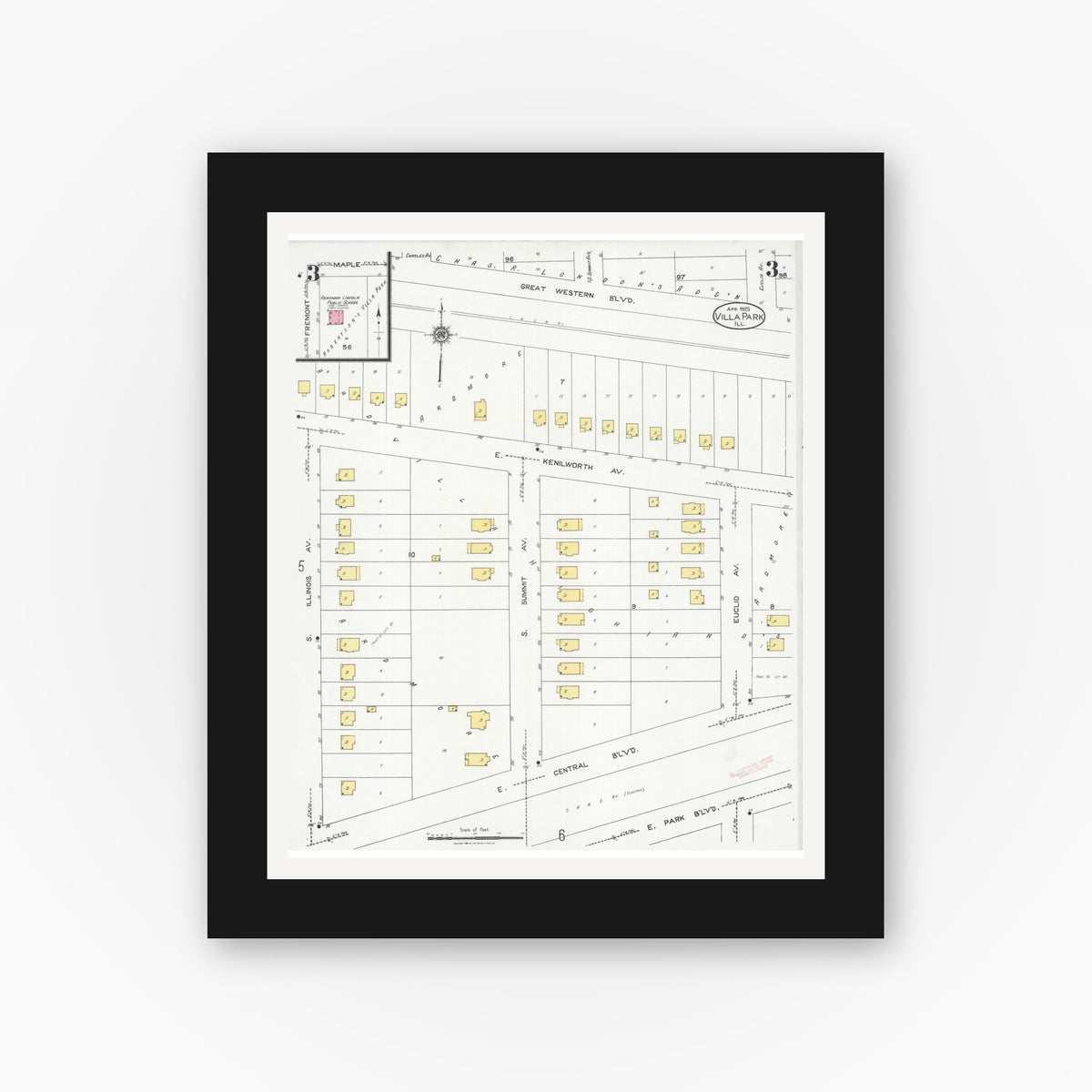Old map wall art mockup — black gallery frame with white mat — Sanborn Fire Insurance Map from Villa Park, Du Page County, Illinois (1925), Sheet #0003