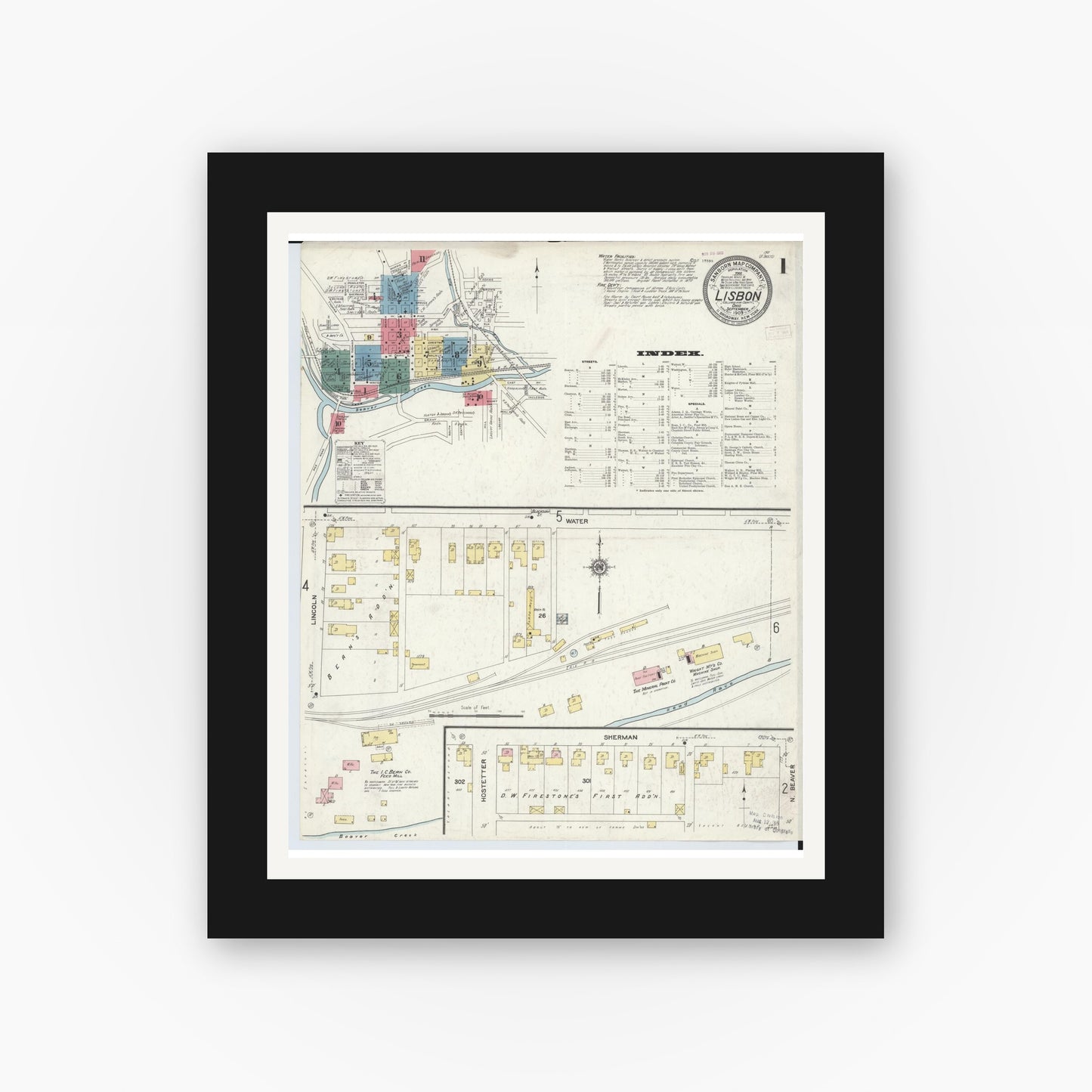 Old map wall art mockup — black gallery frame with white mat — Sanborn Fire Insurance Map from Lisbon, Columbiana County, Ohio (1909) - Complete Map Set