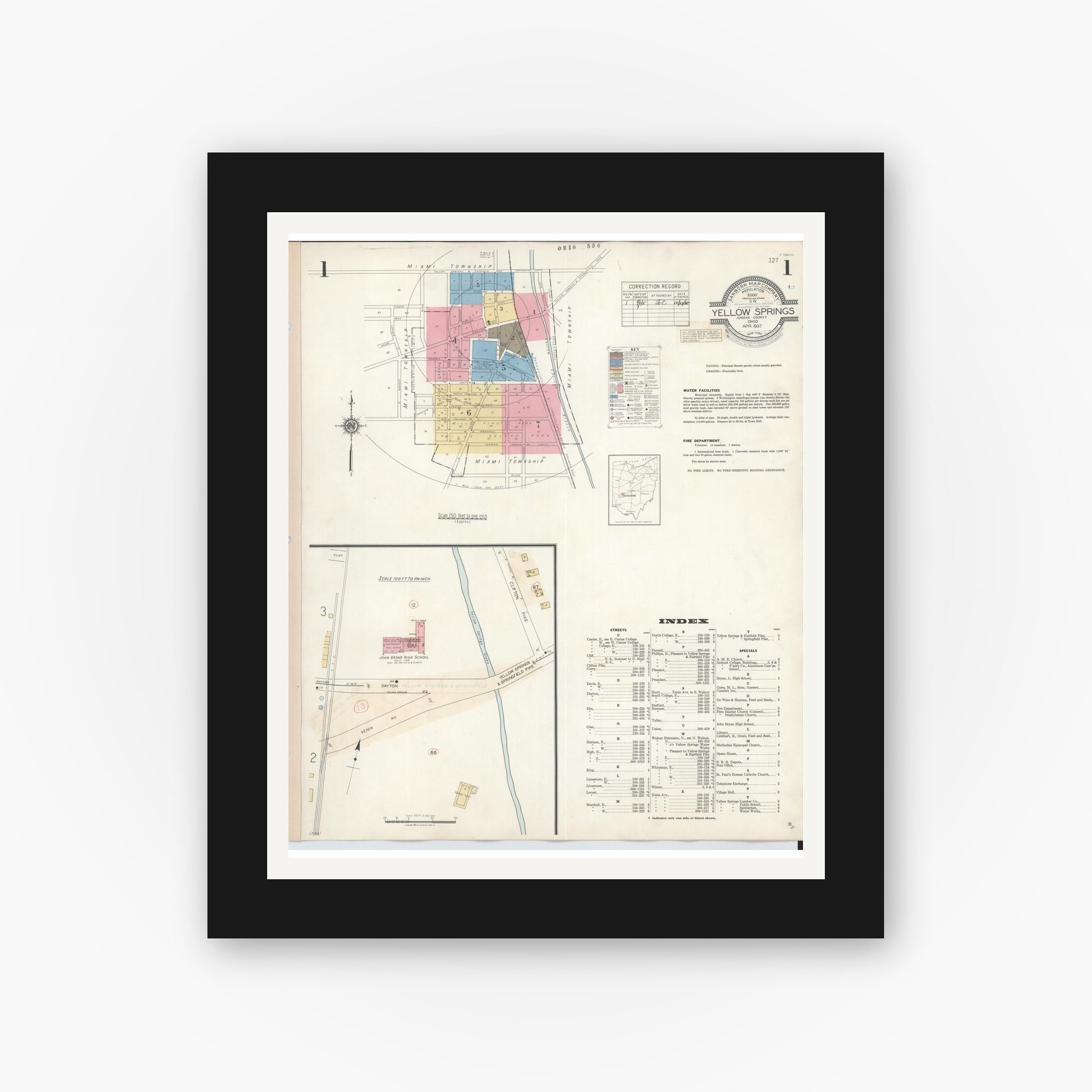 Old map wall art mockup — black gallery frame with white mat — Sanborn Fire Insurance Map from Yellow Springs, Greene County, Ohio (1945) - Complete Map Set