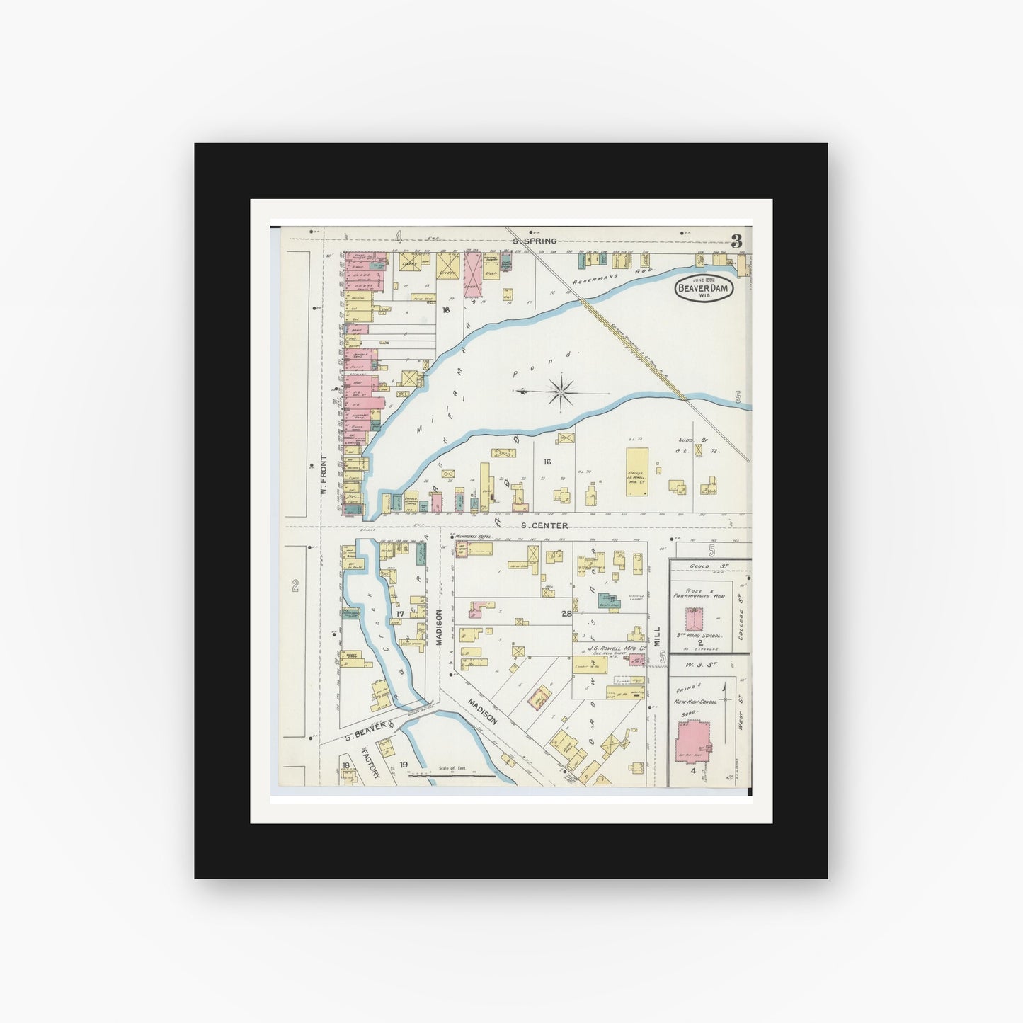Old map wall art mockup — black gallery frame with white mat — Sanborn Fire Insurance Map from Beaver Dam, Dodge County, Wisconsin (1892), Sheet #0003