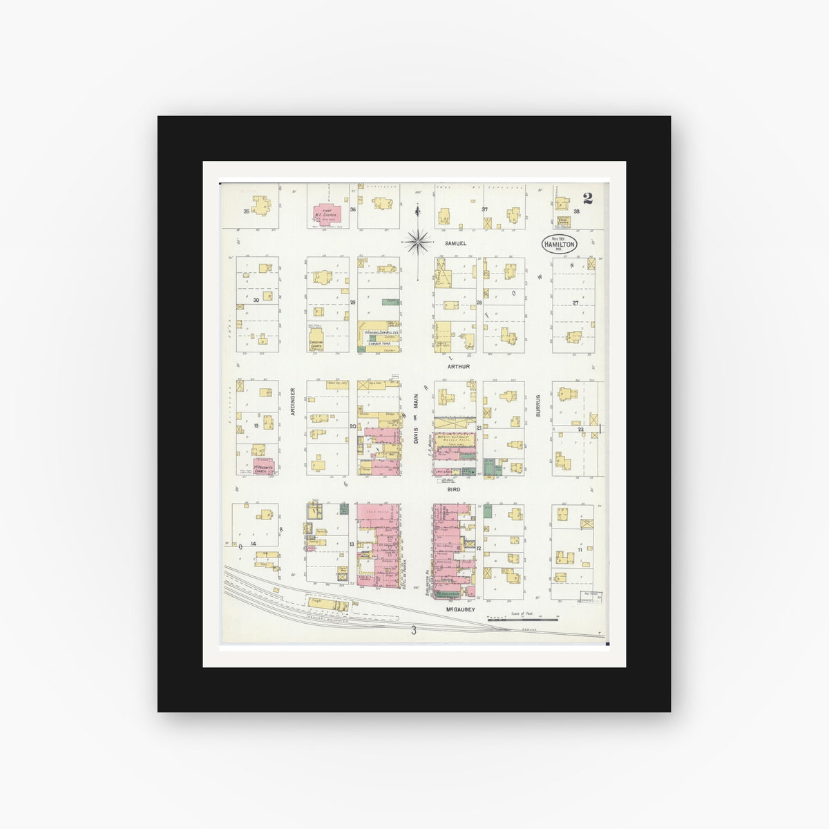 Old map wall art mockup — black gallery frame with white mat — Sanborn Fire Insurance Map from Hamilton, Caldwell County, Missouri (1901), Sheet #0002