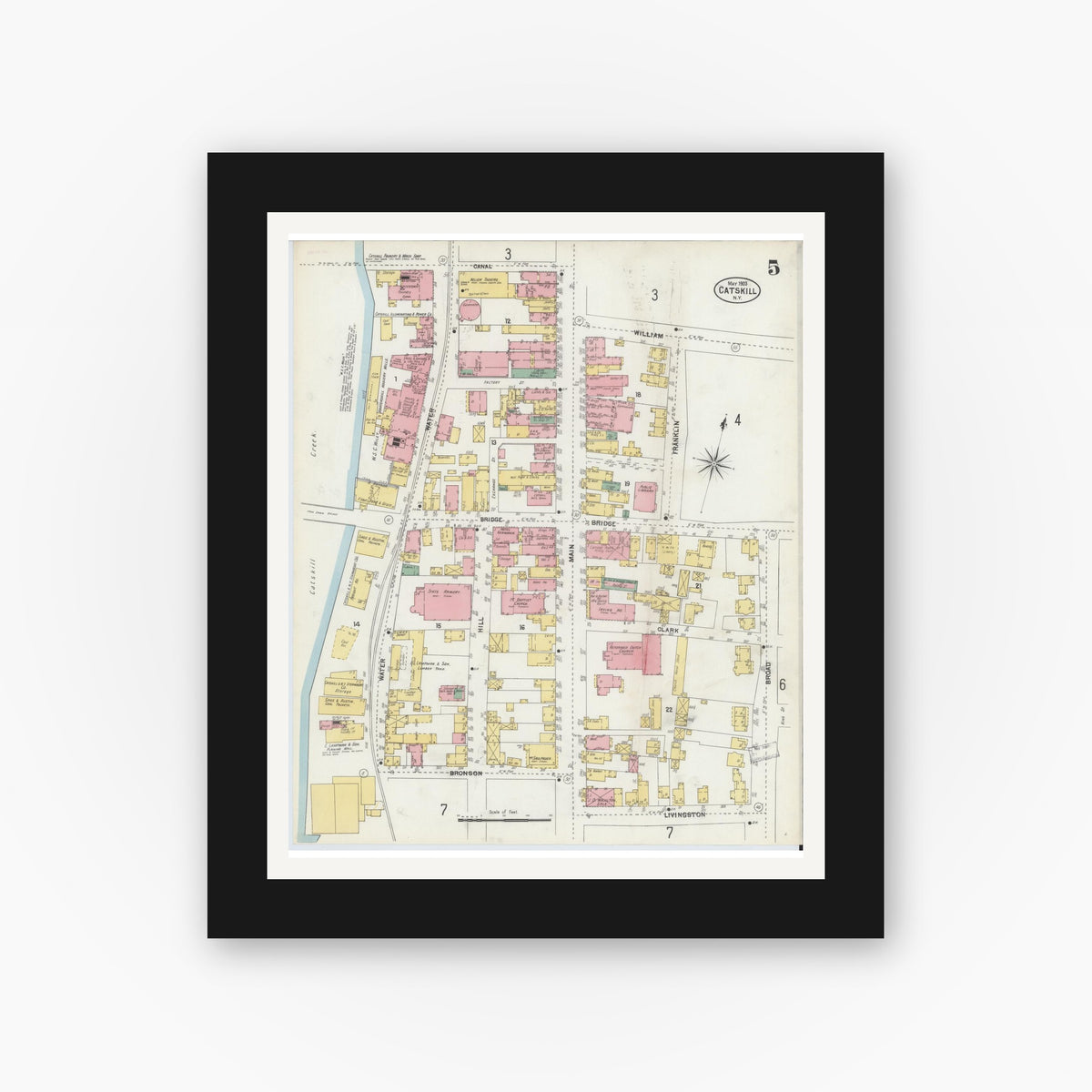 Old map wall art mockup — black gallery frame with white mat — Sanborn Fire Insurance Map from Catskill, Greene County, New York (1903), Sheet #0005