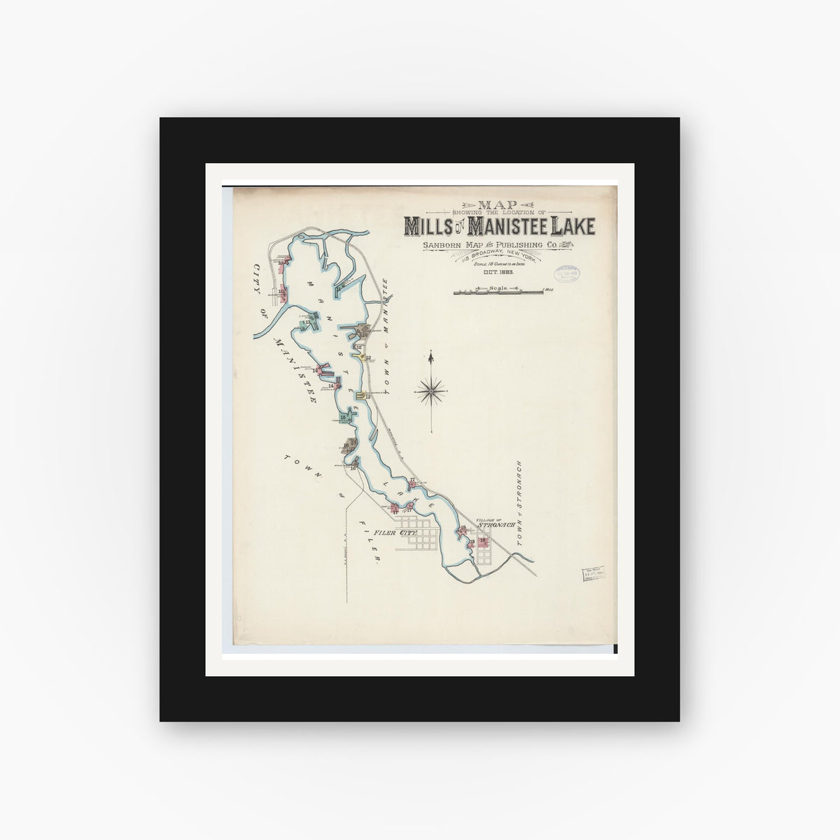 Old map wall art mockup — black gallery frame with white mat — Sanborn Fire Insurance Map from Manistee, Manistee County, Michigan (1883), Sheet #0002