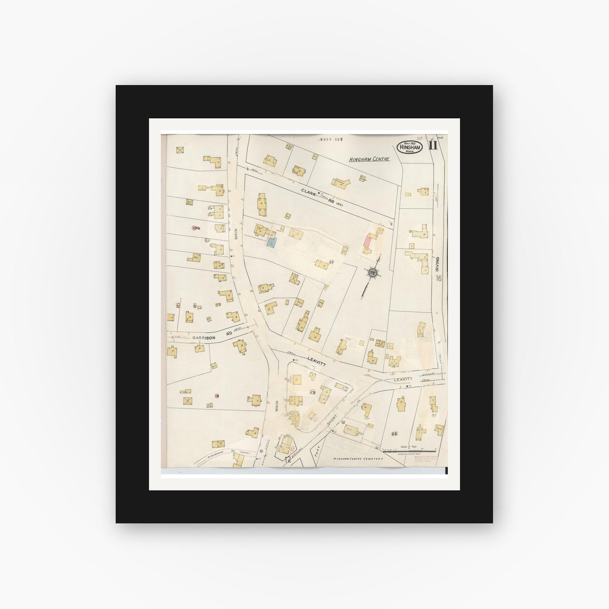 Old map wall art mockup — black gallery frame with white mat — Sanborn Fire Insurance Map from Hingham, Plymouth County, Massachusetts (1948), Sheet #0011